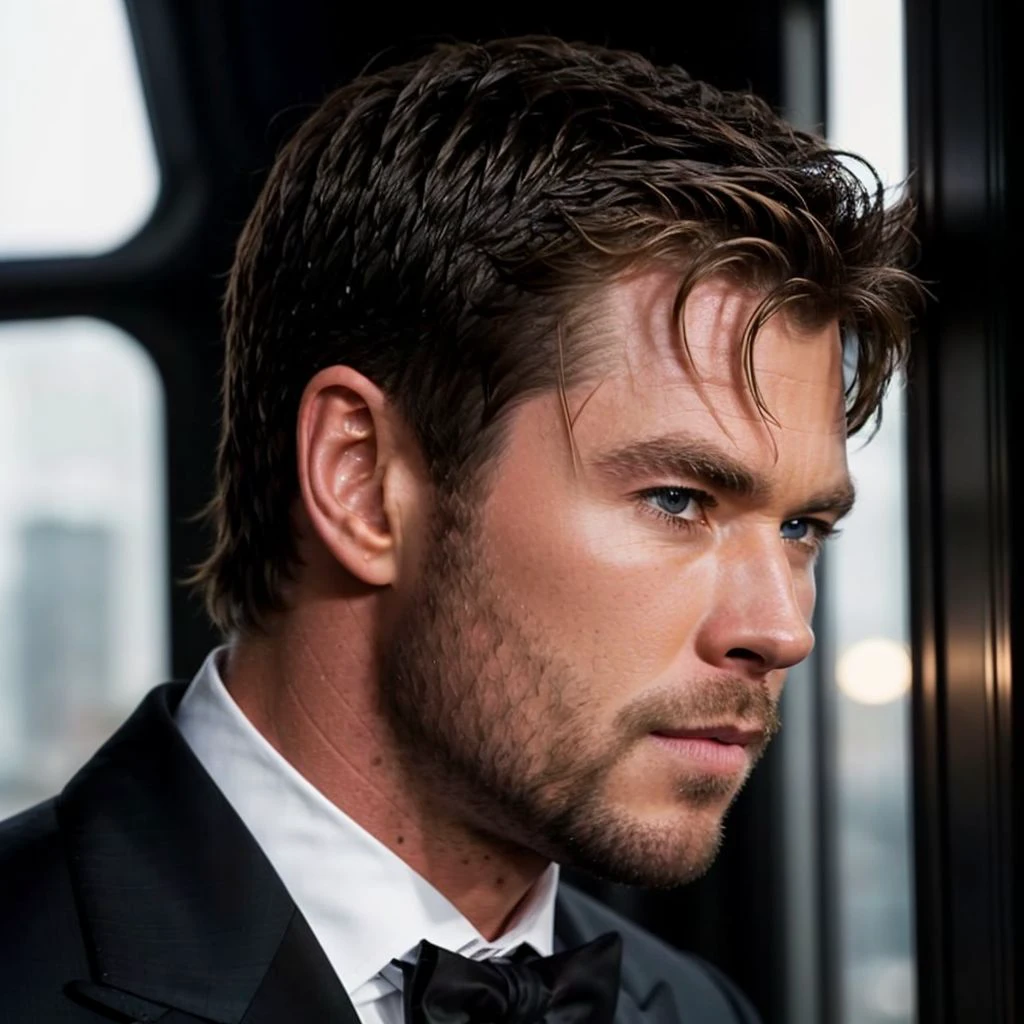 face portrait of chrishemsworth person using a tuxedo, in blade runner, professional photography, high resolution, 4k, detailed photo, <lora:chrishemsworth_32400:1>