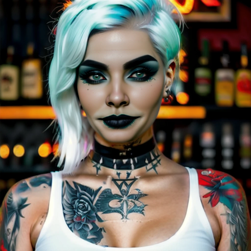 reinav1, A bartender woman, black lipstick, white top, pushup, in a pub, ultra hd, ultra detailed eyes, ultra detailed, masterpiece, award wining photography, neon light, blue and red, <lora:reinaV1:1>
