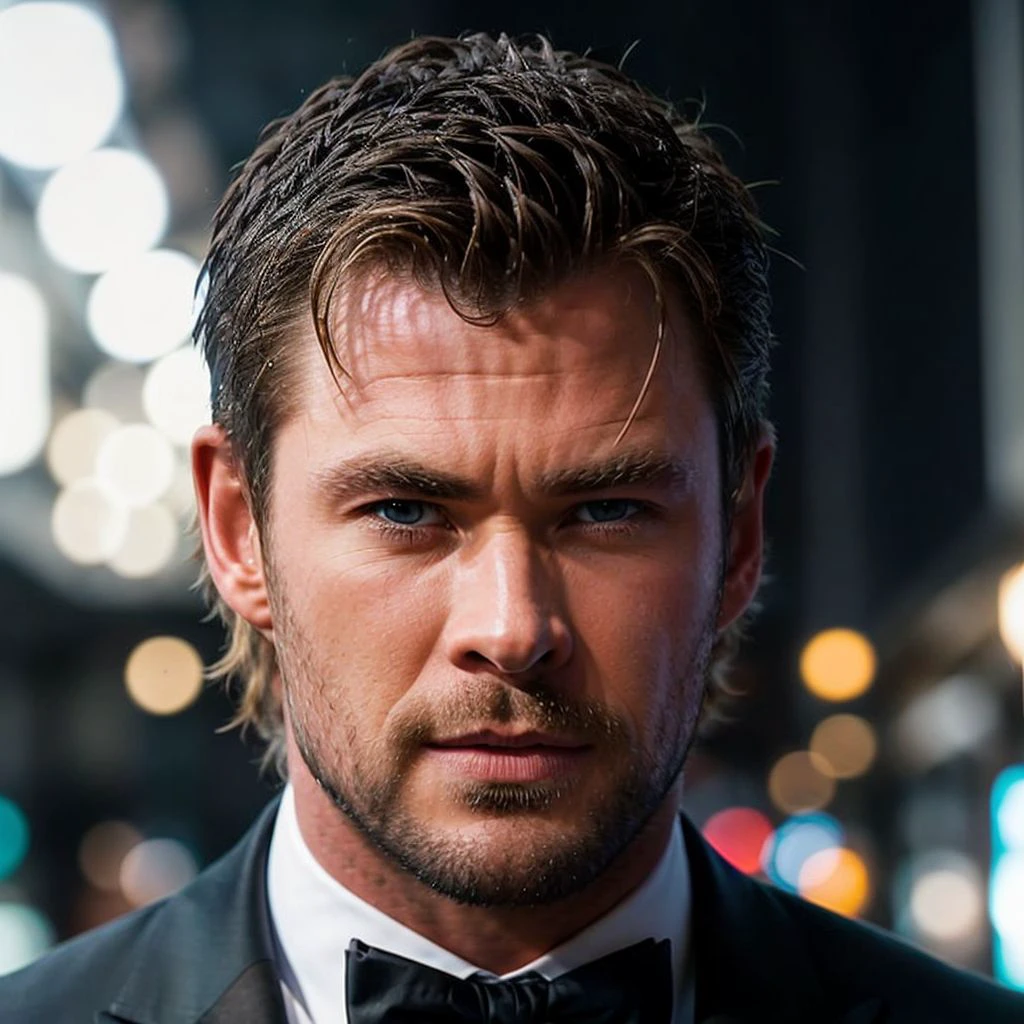 face portrait of chrishemsworth person using a tuxedo, in blade runner, professional photography, high resolution, 4k, detailed photo, <lora:chrishemsworth_32400:1>
