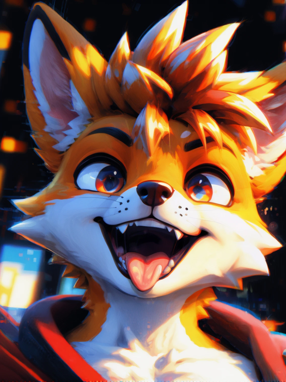 anthro fox, muscular, swaggy, glitchy, close up portrait, bottom view, opened mouth, tongue out, defying look, spiky hairs, 
BREAK,
(best quality, high quality:1.4),
good colors,
<lora:vrcfurry_v43-000021:0.70> <lora:lihui4JXK-b2-bf16-128-128-1-re1-ep3-768-DA-5015fix:0.35> <lora:fluffyrock-quality-tags-v2.1.1-vpred:1> <lora:hd_helper_v1:0.01> <lora:niji_wushi:0.15> <lora:starlight:0.6> <lora:TailsFixer:0.8>