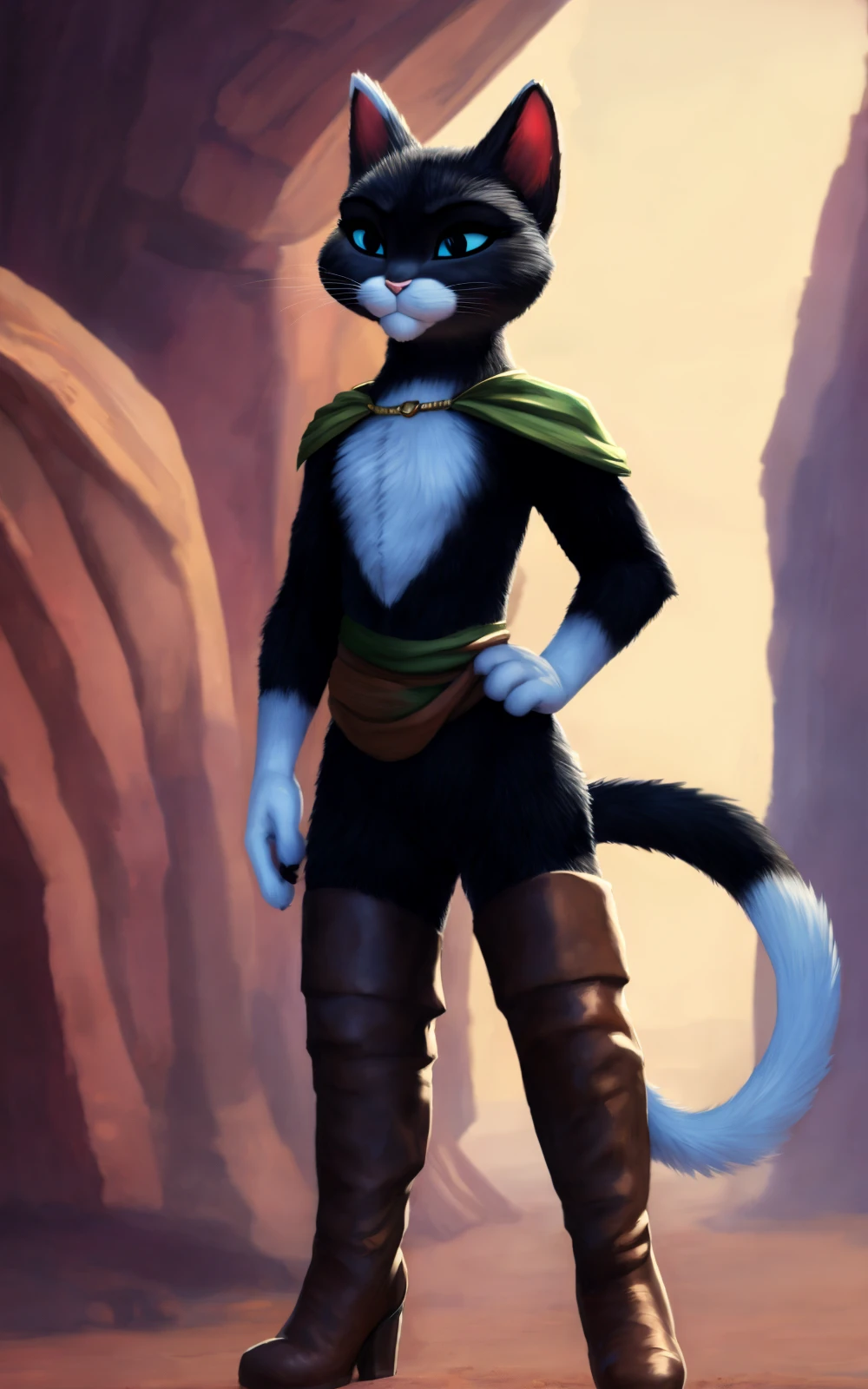 8k.4k,((Best quality, masterpiece, ultra high resolution)),((full body)),standing, by pixelsketcher, <lora:KtySps:1>,KtySps,boots, thigh boots, furry,tail, animal nose, blue eyes,body fur,cat tail, high heels, white fur, black fur,brown footwear, cat ears, animal ears, thighhighs, , small cape,green sash