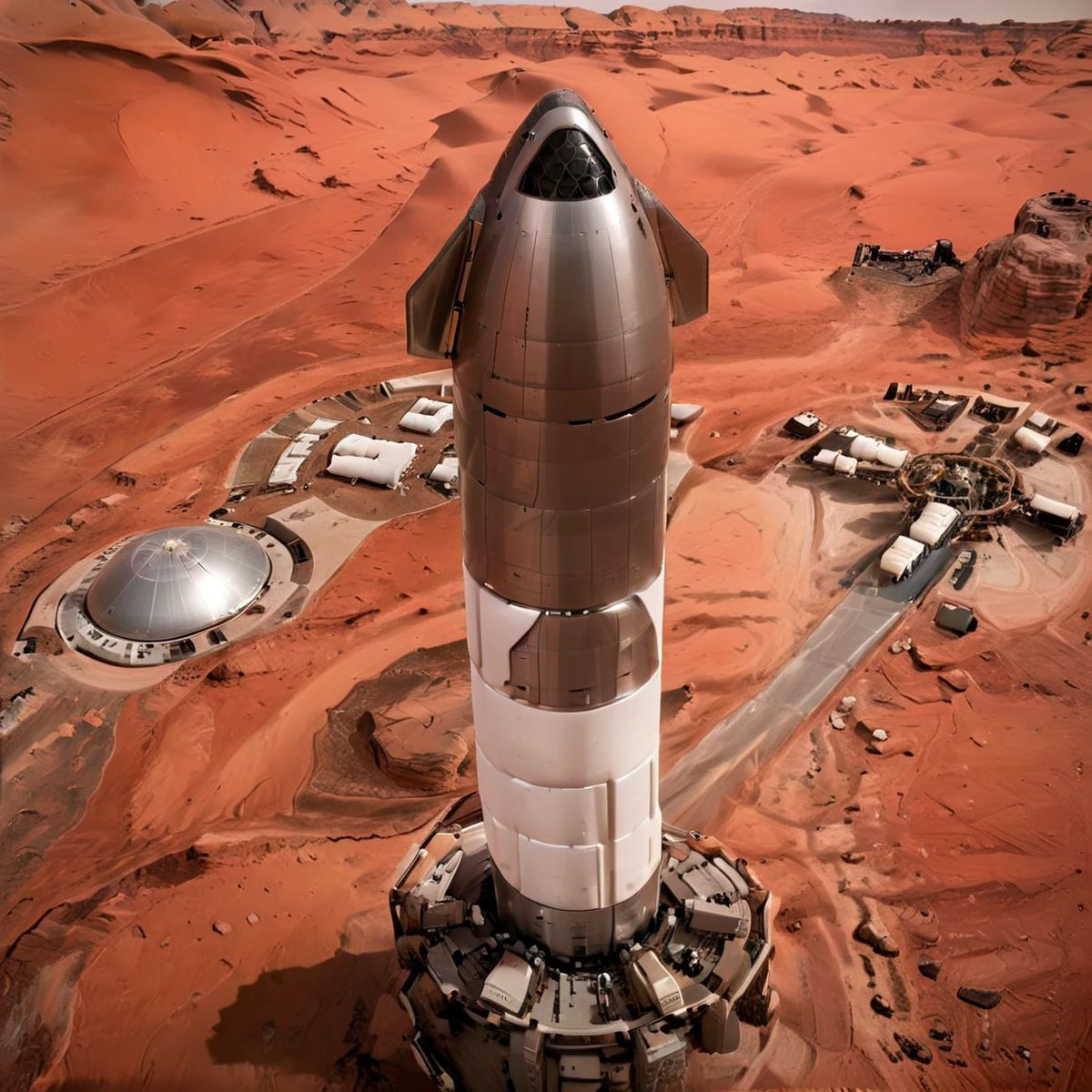 medium shot, high angle, crew Starship in space over Mars Colony, engines on, domes geodesic buildings, skyscrapers, roads, highways, mars colony, mars city, forward flaps closed, aft flaps open, high tech city below, cyberpunk buildings, orange Martian morning landscape, (photorealistic:1.3), dust plume, mountain range, hyperrealism, brown sky, red and white mushrooms dotting terrain, Extremely high-resolution details, photographic, crisp, fine texture, incredibly lifelike <lora:snowmountxl_v1:1> <lora:Starship-000009:1>