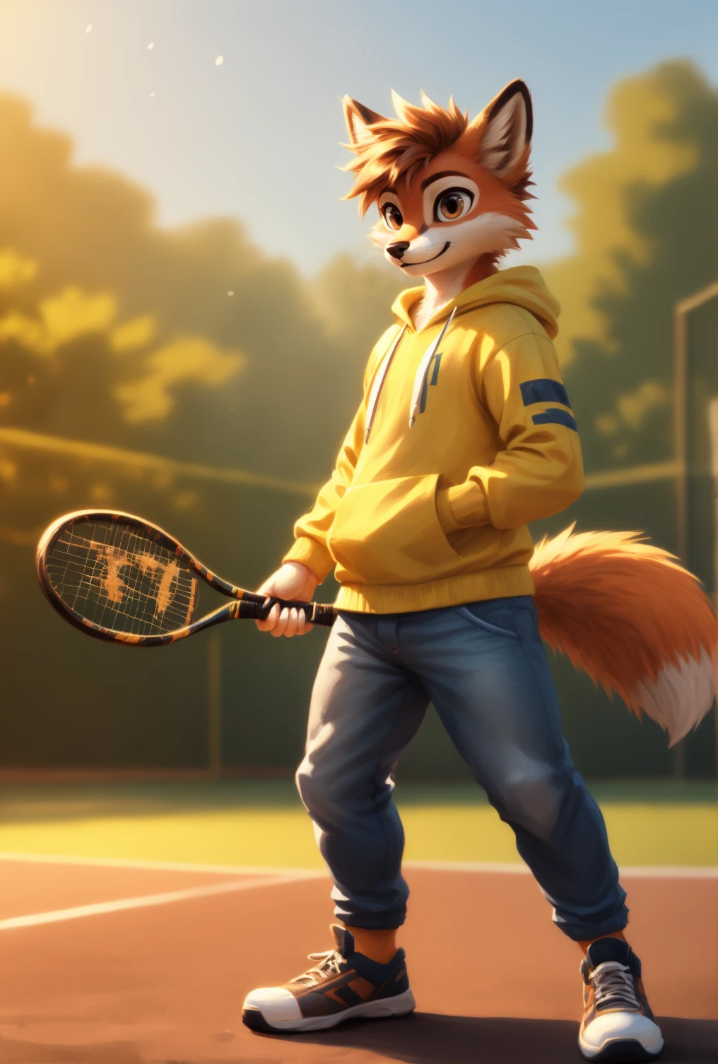 (anthro lemur:1.3),
wavy hair, ,
furry, good face, good colors, good composition, gorgeous eyes,
(expressive face:1.2),
long fluffy tail,
whole body,
(Bohemianism style, :1.3),
(
anthro fox, playing tennis on a court, bicolor green and yellow, illustrating speed and precision.
:1.4),
musculegs,
,
side view,
bandana,
techwear,
,
,
,
,
((hoodie:1.2), blue jean:1.2),
whole body,
BREAK,
(best quality, high quality:1.4),
good colors, bright scene,
dynamic scene,
<lora:vrcfurry_v43-000021:0.7> <lora:fluffyrock-quality-tags-v3.0-vpred:1>