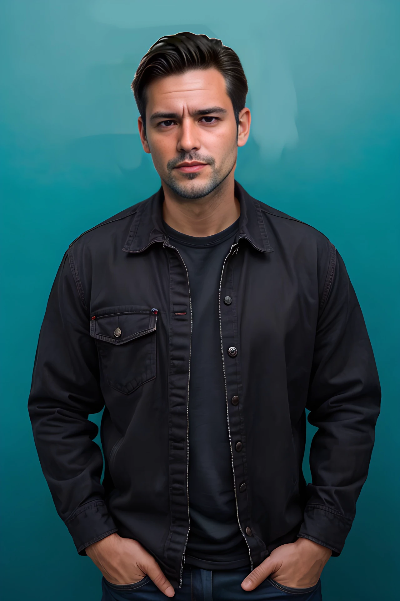 a photo of a 35 years old brunette man, detailed brown eyes, detailed skin, facial hair,  upper body shot, simple background, soft lighting, eye level, in the style of Nathan Wirth 