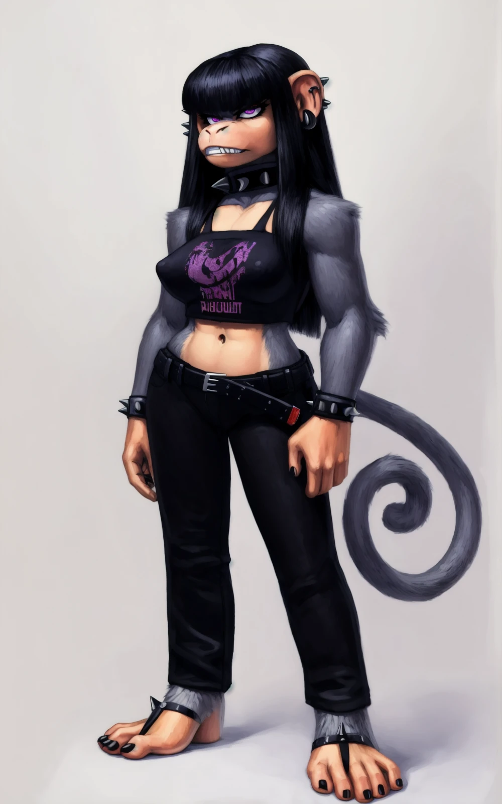 8k.4k,((Best quality, masterpiece, ultra high resolution)),((full body)),standing, by pixelsketcher, <lora:Beth:1>,ring, long hair, black hair,toenails, belt, pants, black nails, toenail polish,nail polish, breasts, piercing, purple eyes, tail, bangs,navel, black pants, ear piercing, toes, blunt bangs, black belt, buckle, belt buckle,earrings, midriff, bracelet, spikes, crop top, collar, spiked bracelet, shirt, gothic,anthro monkey,(grey fur, barefoot),white background,angry,teeth