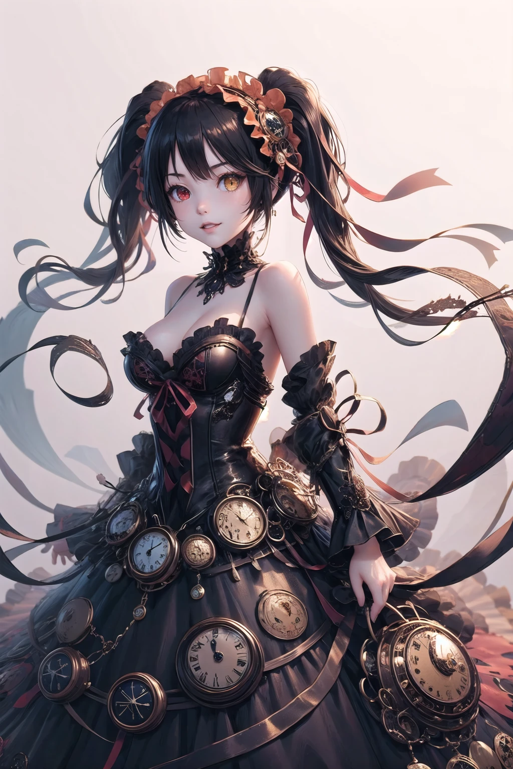 <lora:wrenchclockworkcharm:1>, wrenchclockworkcharm, long hair, gown, solo, giggling, simple background, layered dress, hair ornament, embroidery, cowboy shot, <lora:TokisakiKurumi:0.85>, TokisakiKurumi, KurumiBase, (clock eyes), heterochromia, twintails, hairband, red dress, frills, detached sleeves, frilled choker,
