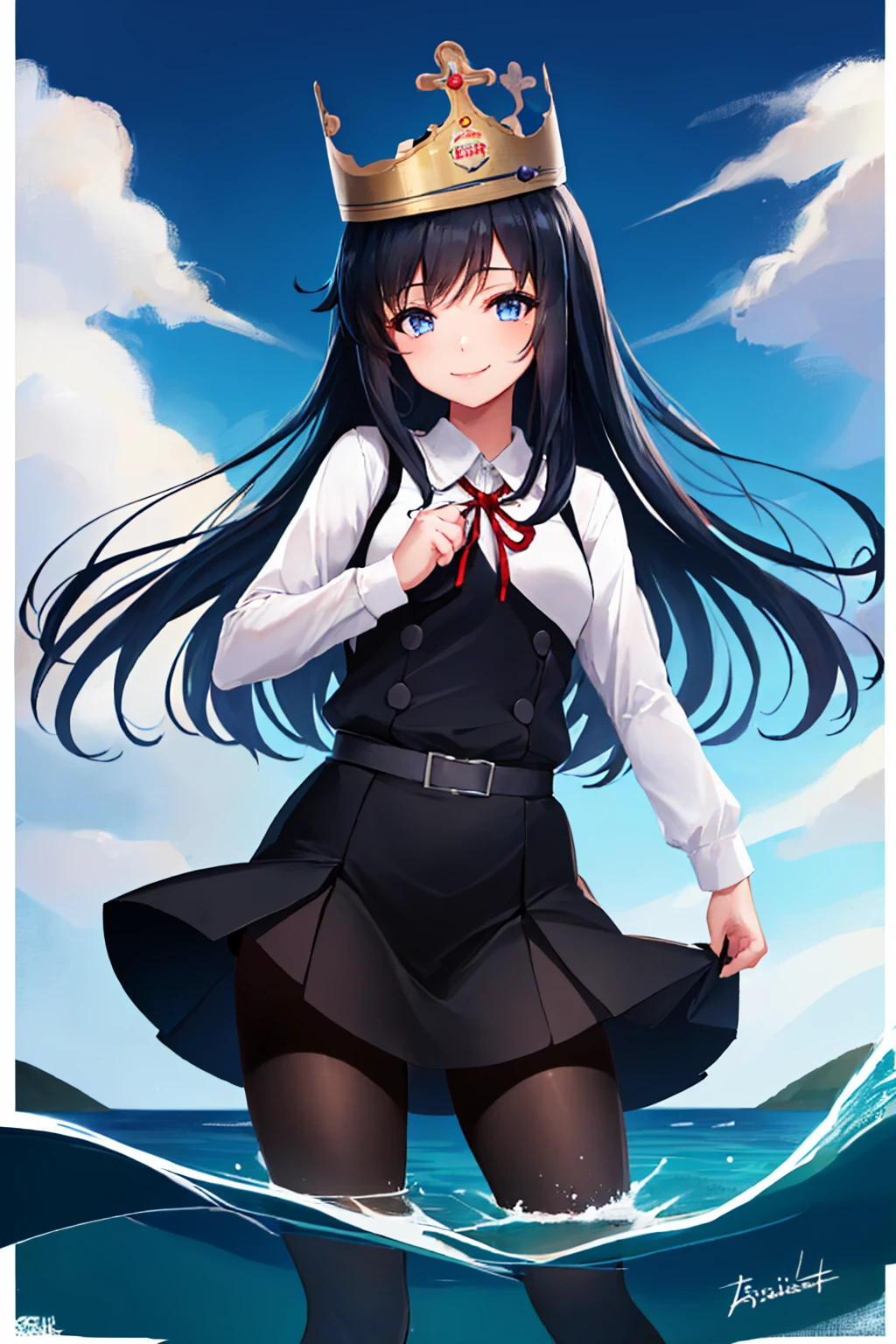 (masterpiece, best quality:1.2), solo, 1girl, asashioknd, smile, looking at viewer, wading, bkcrown, crown, white shirt, black dress, pinafore dress, neck ribbon, long sleeves, black pantyhose, belt <lora:kancolle_asashiokainid:0.9> <lora:attire_burgerkingcrown-17:1>