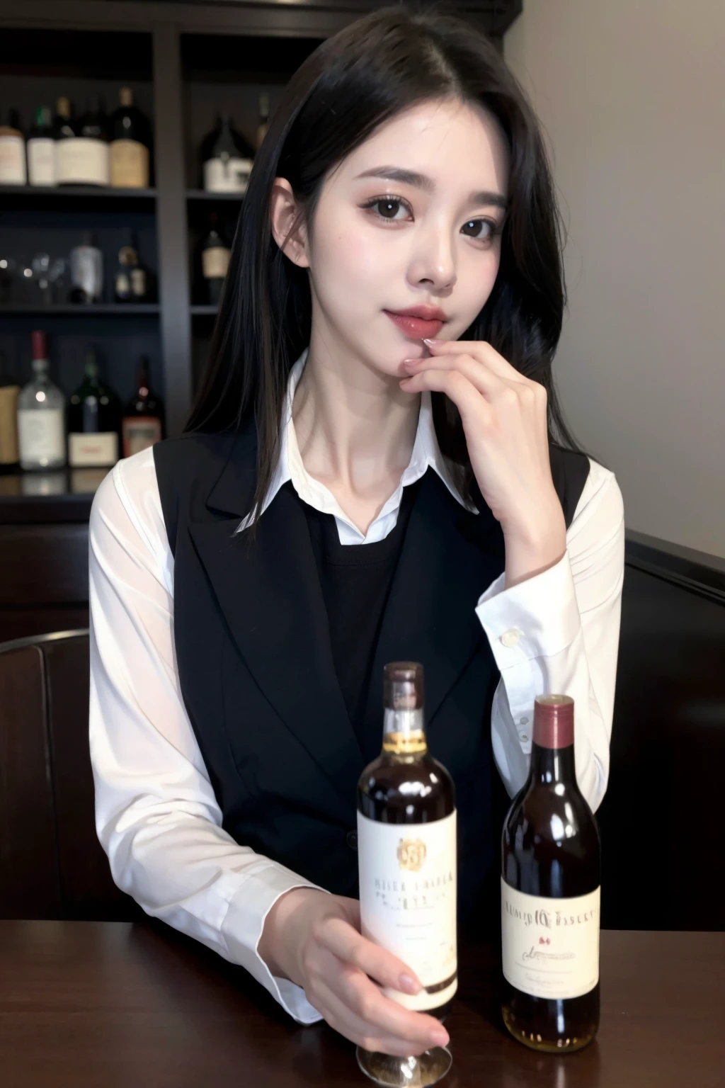 1girl, solo, bottle, alcohol, long hair, red shirt, bar (place), shirt, looking at viewer, blurry background, jacket, formal, blurry, black jacket, brown hair, realistic, suit, collared shirt, lips, brown eyes, long sleeves, whiskey, indoors
<lora:20231120-1700458915452:0.6>