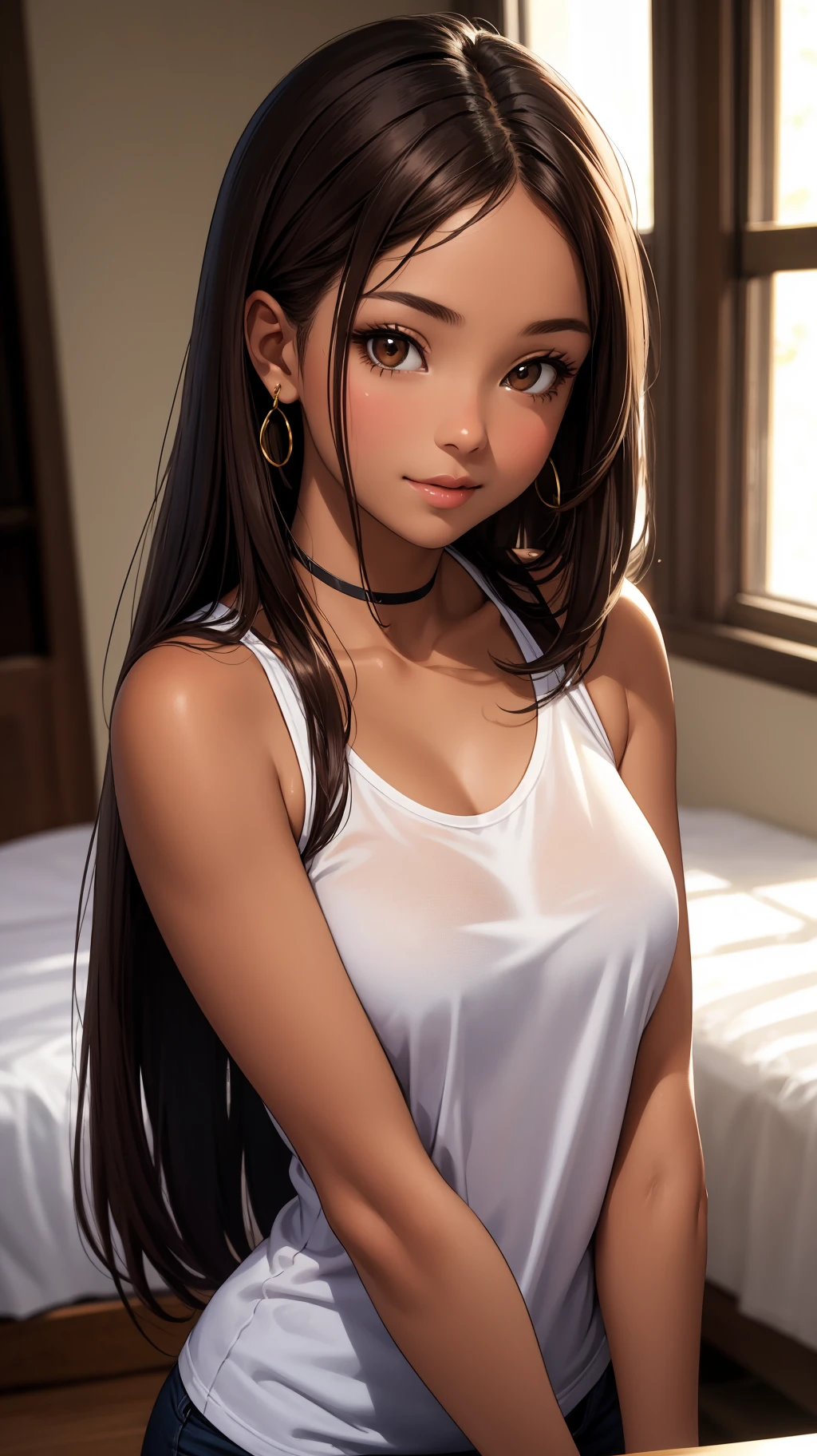masterpiece, best quality, 1girl, beautiful girl, brown skin, brown hair, brown eyes, straight hair, happy, looking at viewer