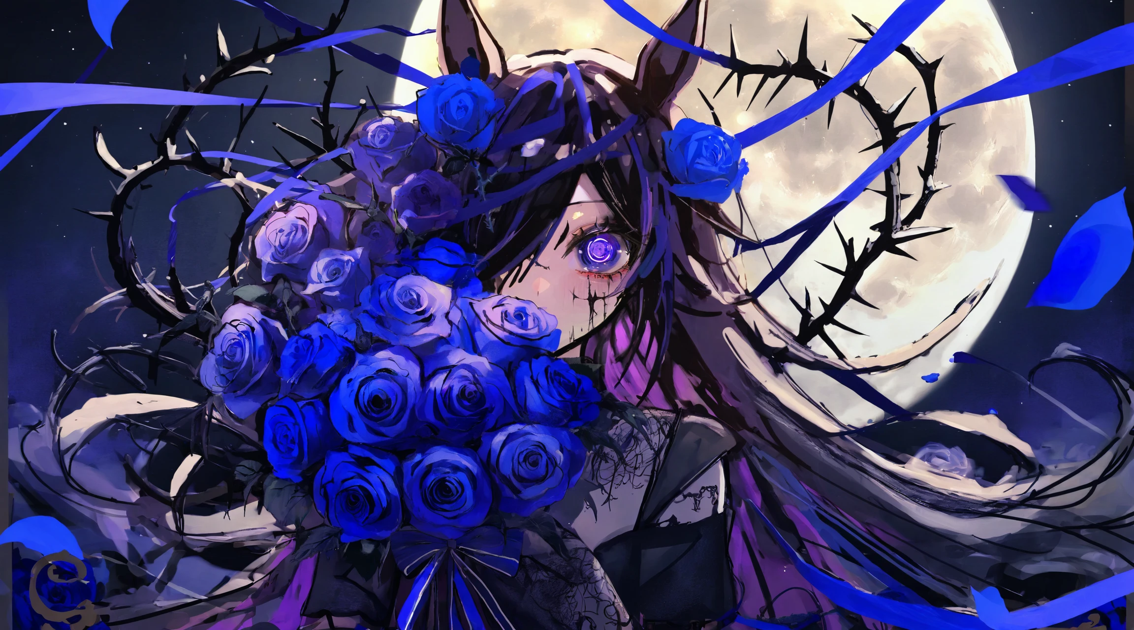 best quality, aesthetic, detailed, by ziyun,  1girl, horse ears, black flower, black rose, blue bow, blue ribbon, blue rose, bouquet, hair over one eye, holding bouquet, long hair, moon, purple eyes, purple flower, purple rose, rose petals, spoken squiggle, thorns <lora:fix-step00001000:0.4>