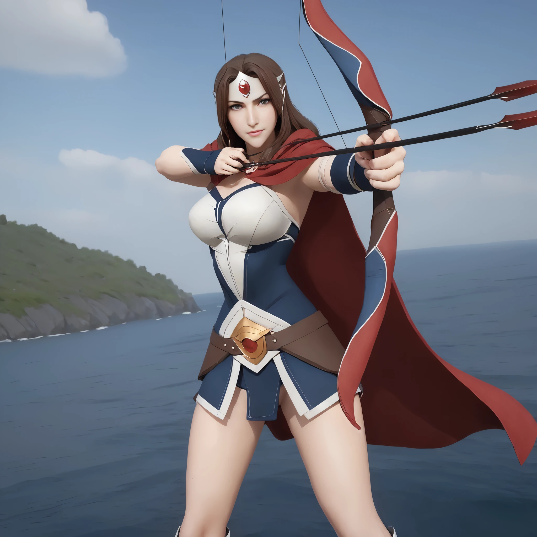 archery,mirana,red jewelry,cape,full body,solo,large breasts,narrow waist,wide hips,(long legs:1.4),looking at viewer,smile,thighs,dota 2,outdoors,over the sea,smile,open mouth,pose,
best quality,ultra-detailed,masterpiece,finely detail,highres,(photorealistic:1.4),realistic,<lora:neg4all_bdsqlsz_xl_V7:1.4>,<lora:mirana:0.6>,<lora:offset_0.2:1>,