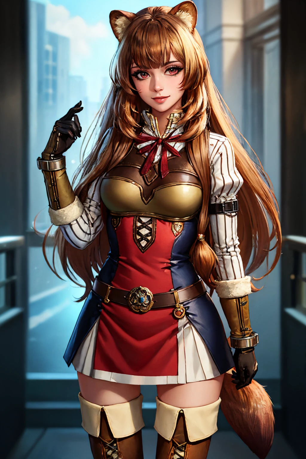 (masterpiece, best quality:1.2), solo, 1girl, raphtalia, smile, looking at viewer, long sleeves, gloves, thigh boots, belt, raccoon tail <lora:shieldhero_raphtalia_v2-17:1>