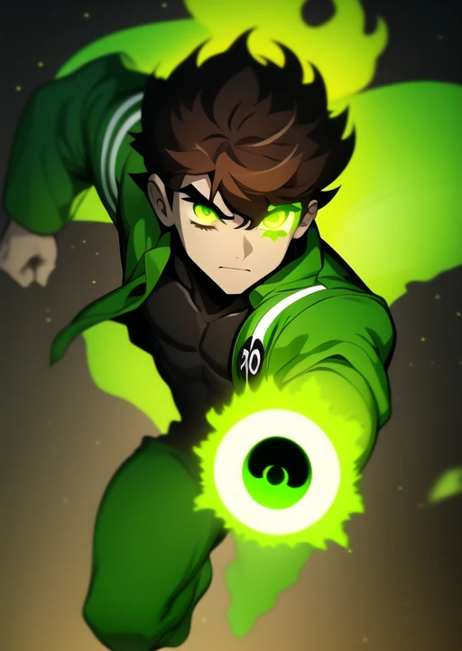 <lora:benuaf-09:1> benuaf, 1boy, brown hair, full body, dark background, black background, dark character, one glowing green eye, eye trails, green aura, single green glowing eye, masterpiece, best quality