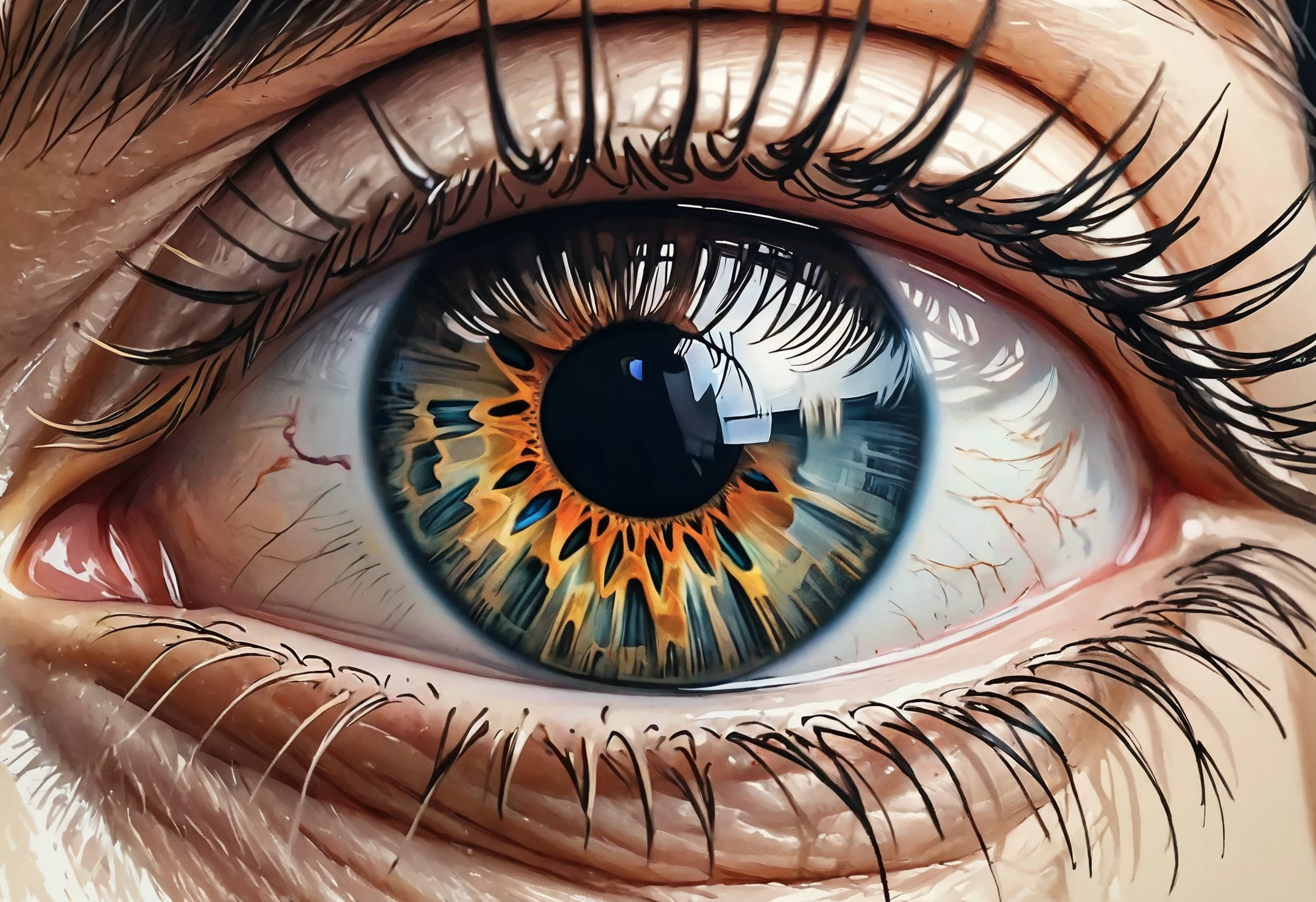 Pen on paper, pen art, a stunning human eye, reflective, hyperrealism, masterpiece, 8k, hdr, insanely detailed