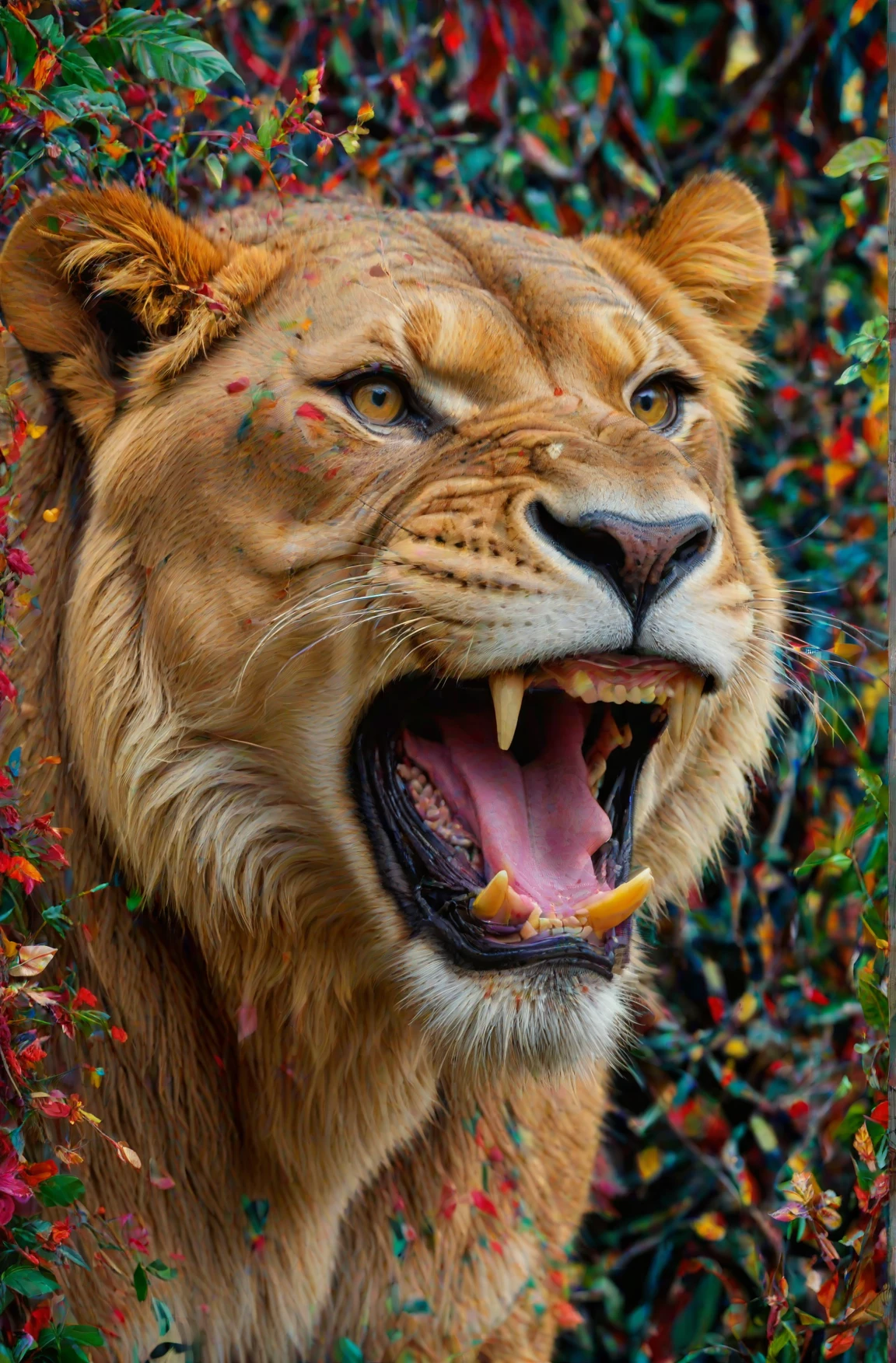 portrait of maximalist detailed lioness roaring in the abstract patterned jungle, beautiful high definition