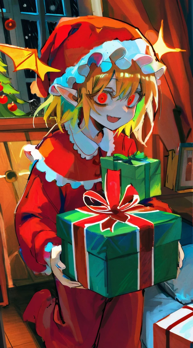 best quality, aesthetic, detailed, by ziyun, flandre scarlet, blonde hair, fang, smug, pointy ears, red eyes, wings, (white mob cap:1.25), frills, red pajamas, holding gift, gift box, christmas tree, indoors, night, winter