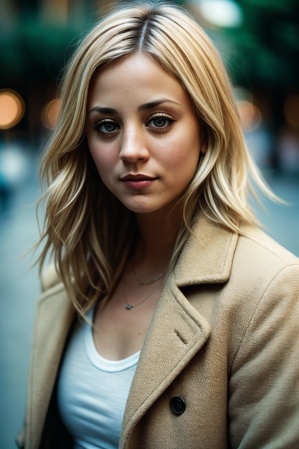 photo of (kcu0c0:0.99), a woman, perfect blonde hair, posing, (vintage photo, coat), (instagram frame), 24mm, (tintype), (analog, film, film grain:1.3), ((in Barcelona, daylight, gritty)), ((detailed eyes)), (seductive pose), (epicPhoto)