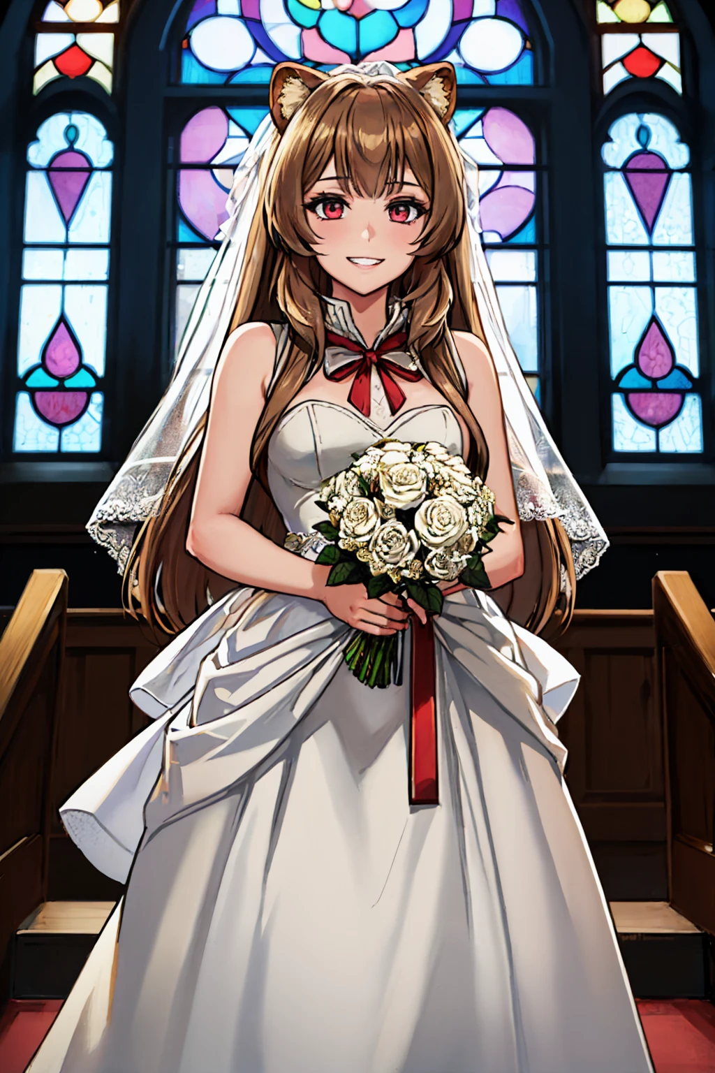 (masterpiece, best quality:1.2), solo, 1girl, raphtalia, grin, looking at viewer, holding bouquet, white dress, wedding dress, raccoon tail, indoors, stained glass <lora:shieldhero_raphtalia_v2-17:0.8>