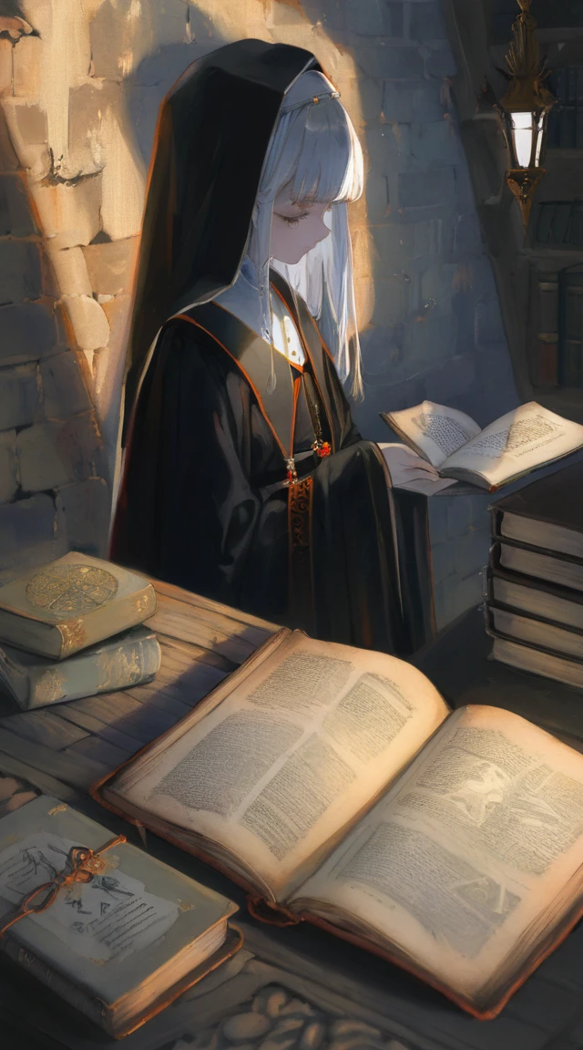 best quality, aesthetic, detailed, by yogisya, by rella, 1girl, priest, explores a dimly lit attic filled with old books, casting eerie shadows on the walls. close up shadows, high contrast, rim light, masterpiece, best quality, high quality, highres, absurdres, very detailed, high resolution, sharp, sharp image, 8k, vivid, colorful, stunning, anime