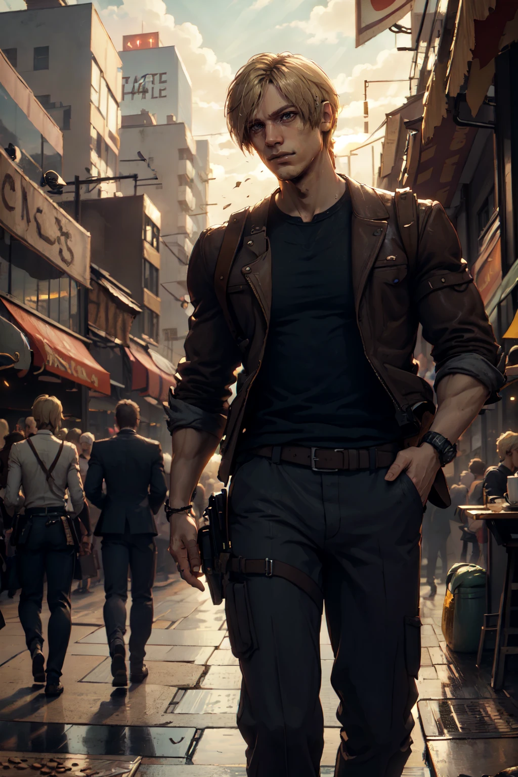 ((ultra detailed, masterpiece, best quality)),
<lora:RE4Leon:0.8>,
RE4Leon, 1boy, solo, blonde hair, Within a bustling city square, business-casual attire, surrounded by urban life, confidently strolling with a coffee cup in hand