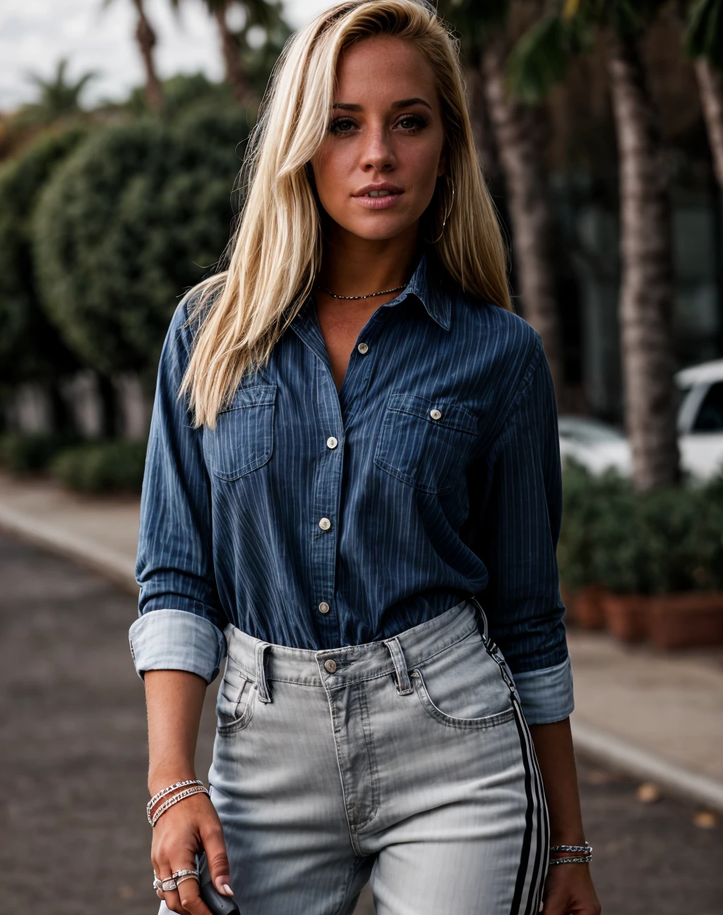cinematic film still realistic, <lora:quiron_viviFernandez_v1_lora:0.97> ViviFernandezQuiron woman,, realistic, a woman Cross-country longboarding wearing Button-up shirt and Side-stripe pants: Pants with a decorative stripe along the sides., . shallow depth of field, vignette, highly detailed, high budget Hollywood , bokeh, cinemascope, moody, epic, gorgeous, film grain, grainy