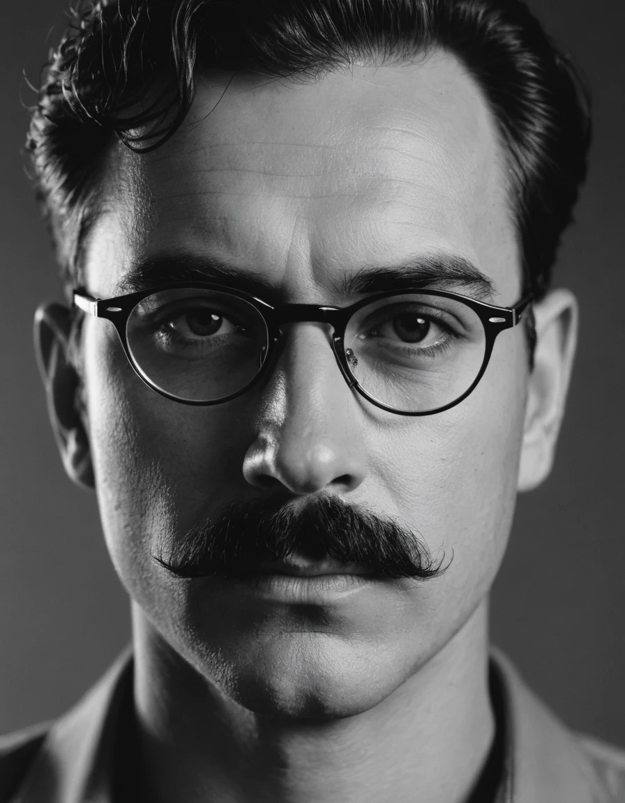 A close-up portrait of a man with moustache and glasses, looking serious into the camera. Black and white, high contrast, reminiscent of the cinematography of Freddie Young.