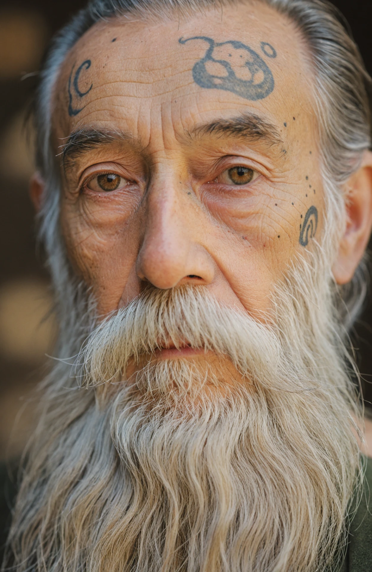 old man,upper body,realistic,looking at viewer,an old sage with a long beard,eyes that have seen centuries,celestial bodies tattooed on skin,natural shadow,depth of field,aesthetic,wise and enigmatic,