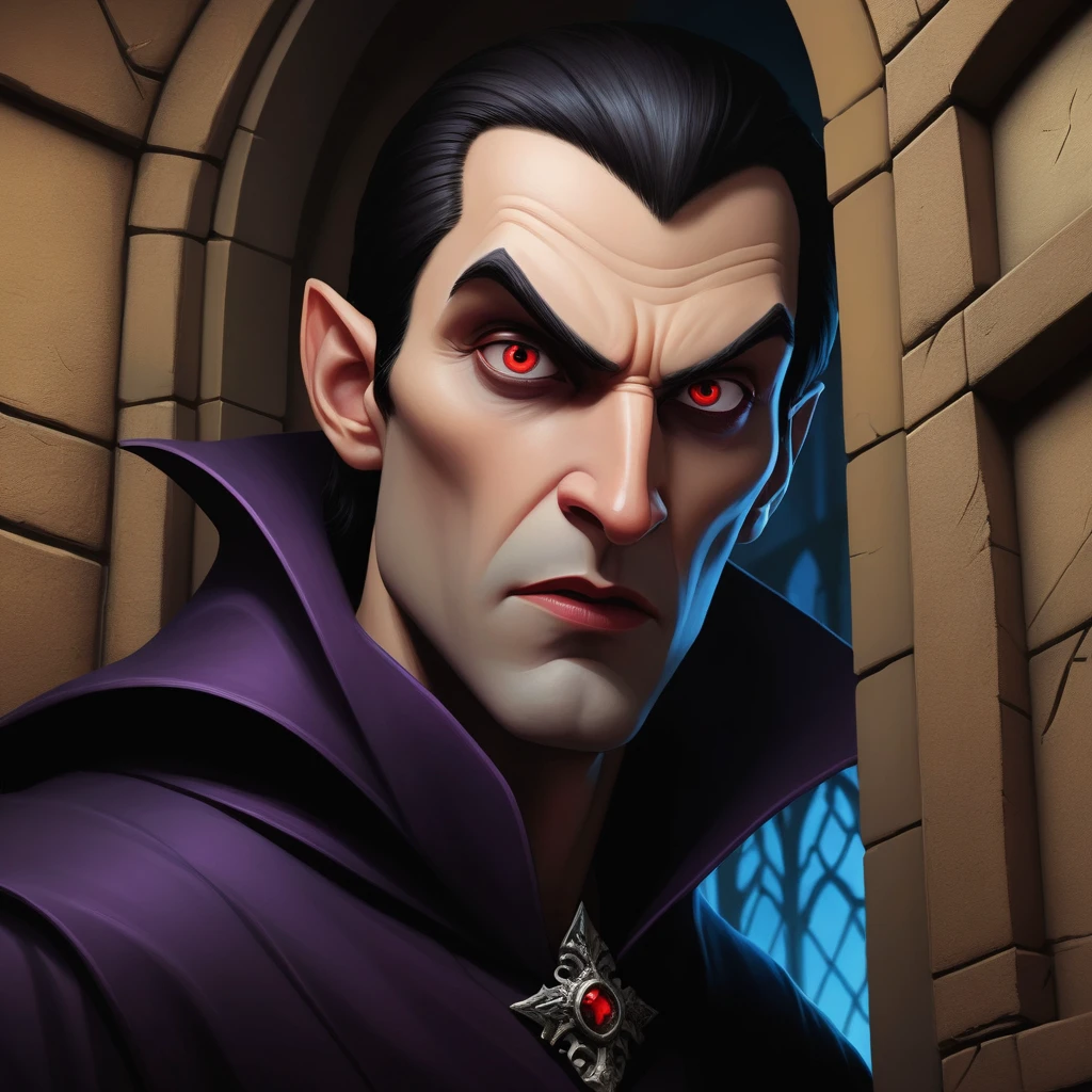 (masterpiece stylized dramatic close up of:1.1) (Digital Art Illustration Adobe Photoshop  :1.3), A vampire lord staring ominously from a shadowy castle window.