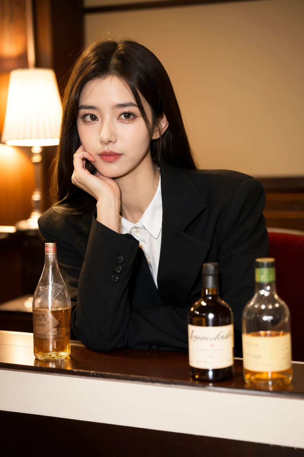 1girl, solo, bottle, alcohol, long hair, red shirt, bar (place), shirt, looking at viewer, blurry background, jacket, formal, blurry, black jacket, brown hair, realistic, suit, collared shirt, lips, brown eyes, long sleeves, whiskey, indoors
