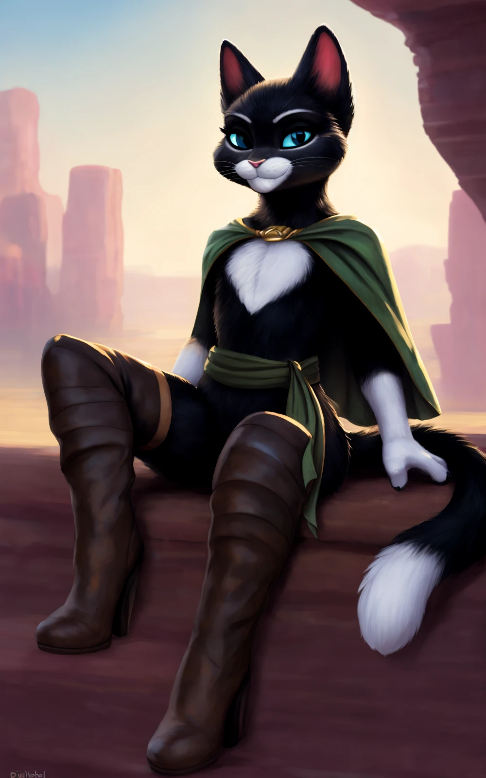 8k.4k,((Best quality, masterpiece, ultra high resolution)),((full body)),sitting, by pixelsketcher,  <lora:KtySps:1>,KtySps,boots, thigh boots, furry, animal nose, blue eyes,body fur,cat tail, high heels, white fur, black fur,brown footwear, cat ears, animal ears, thighhighs, , small cape,green sash,smile