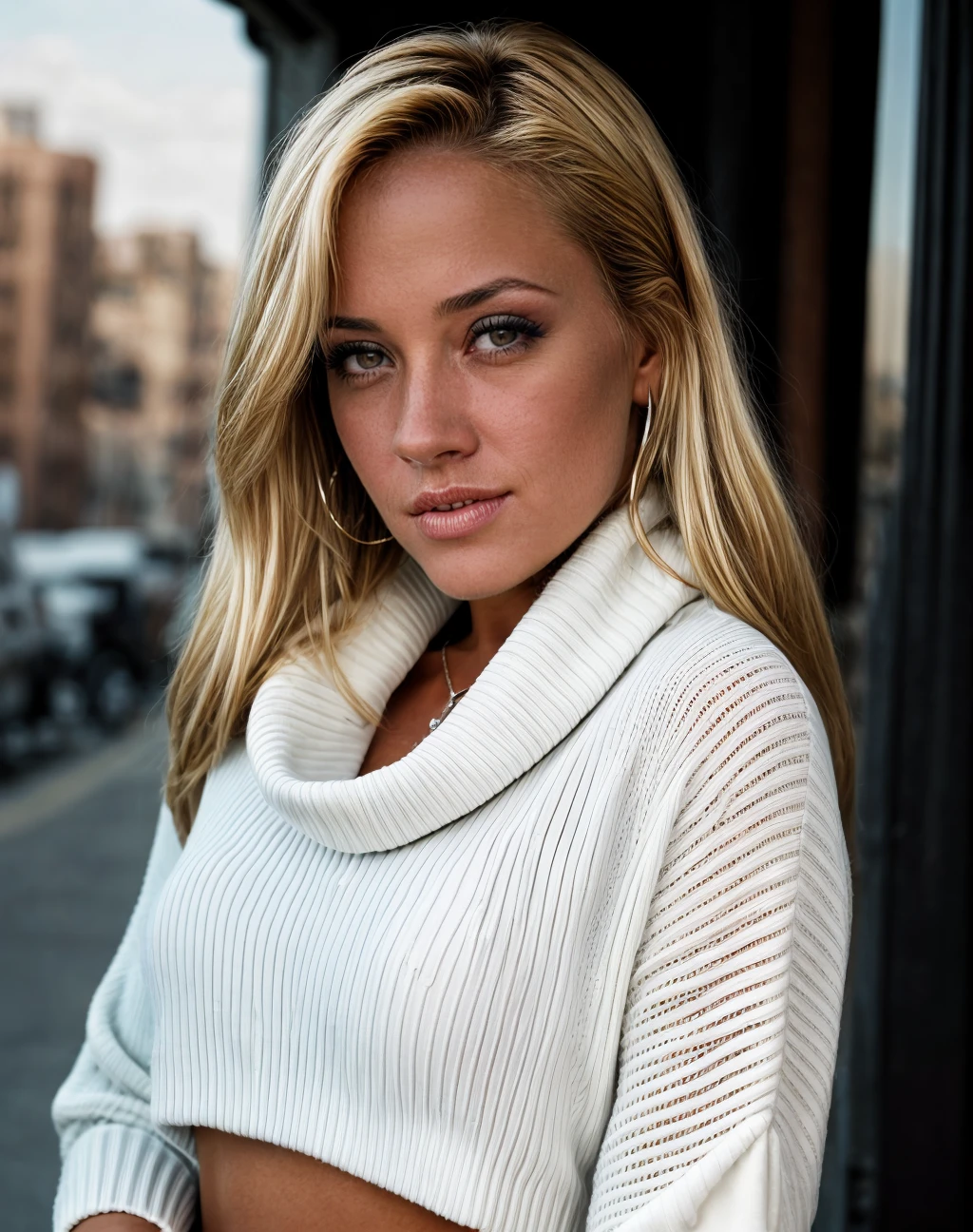 (realistic, photorealistic), cinematic film still realistic, <lora:quiron_viviFernandez_v1_lora:1> ViviFernandezQuiron woman,, realistic, a woman Softball wearing Cowl neck sweater and High-waisted pants: Pants designed to sit above the natural waistline., . shallow depth of field, vignette, highly detailed, high budget Hollywood , bokeh, cinemascope, moody, epic, gorgeous, film grain, grainy, (high quality skin), (high detailed face skin), (realistic iris), (realistic pupils), (skin pores), (skin imperfections:0.27),