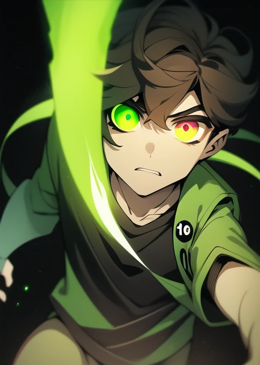 <lora:benuaf-09:1> benuaf, 1boy, brown hair, full body, dark background, black background, dark character, one glowing green eye, eye trails, green aura, single green glowing eye, masterpiece, best quality