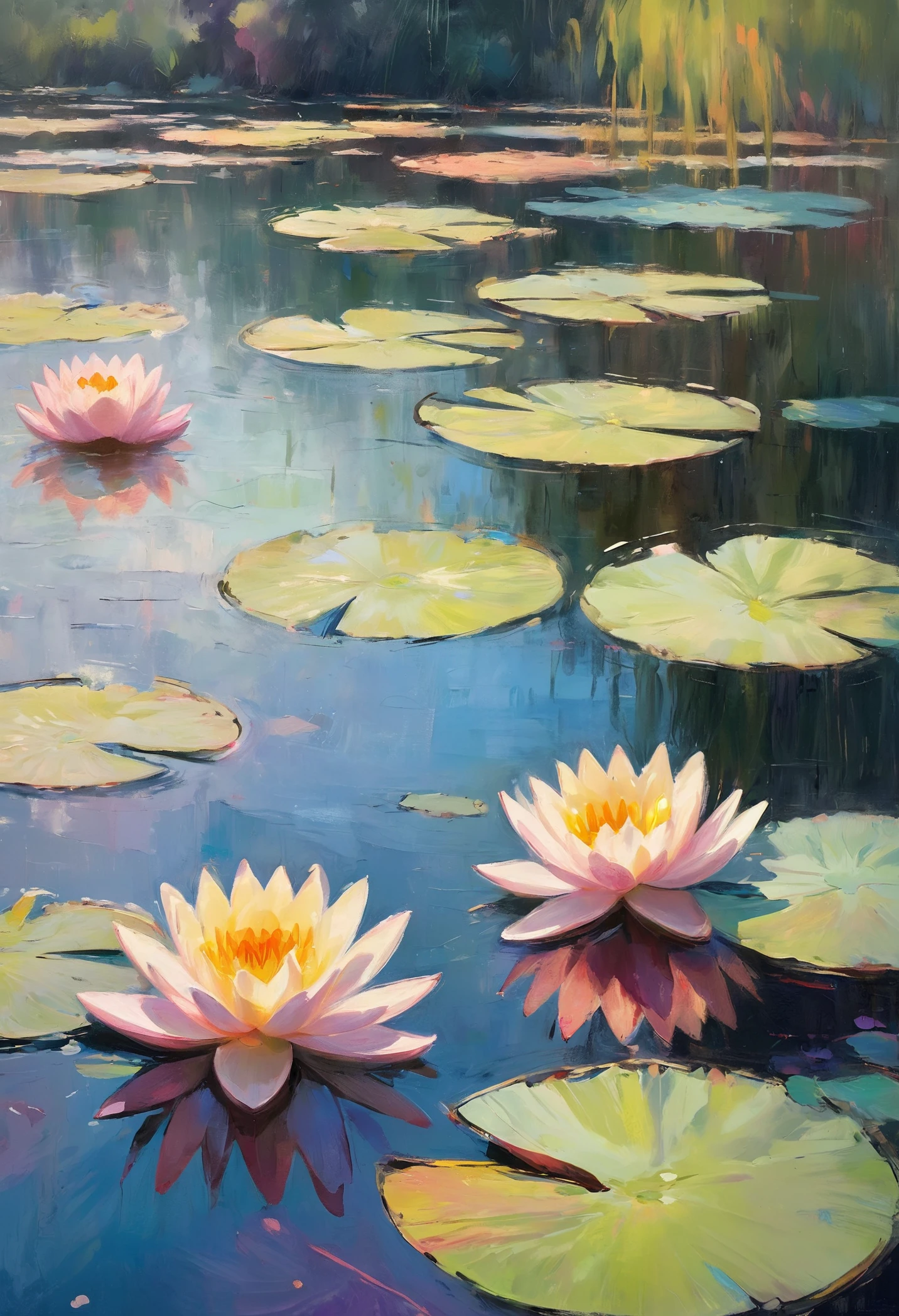 Impressionist painting of water lillies, colorful, dreamy aesthetic, rough brushwork, masterpiece