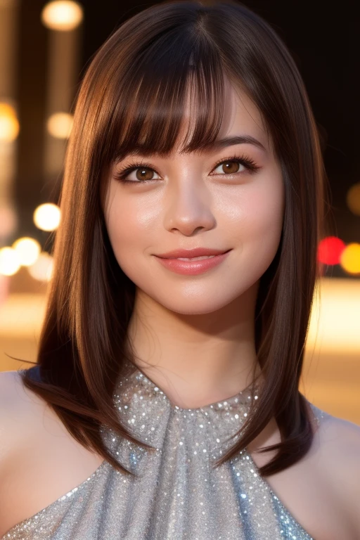 1girl,(wearing a sleeveless glittery evening dress:1.2),(RAW photo, best quality), (realistic, photo-realistic:1.4), masterpiece, an extremely delicate and beautiful, extremely detailed, 2k wallpaper, Amazing, finely detail, extremely detailed CG unity 8k wallpaper, ultra-detailed, highres, soft light, beautiful detailed girl, extremely detailed eyes and face, beautiful detailed nose, beautiful detailed eyes,cinematic lighting,city lights at night,perfect anatomy,,smiling <lora:hashimotokanna_lora:0.7>,hair with bangs