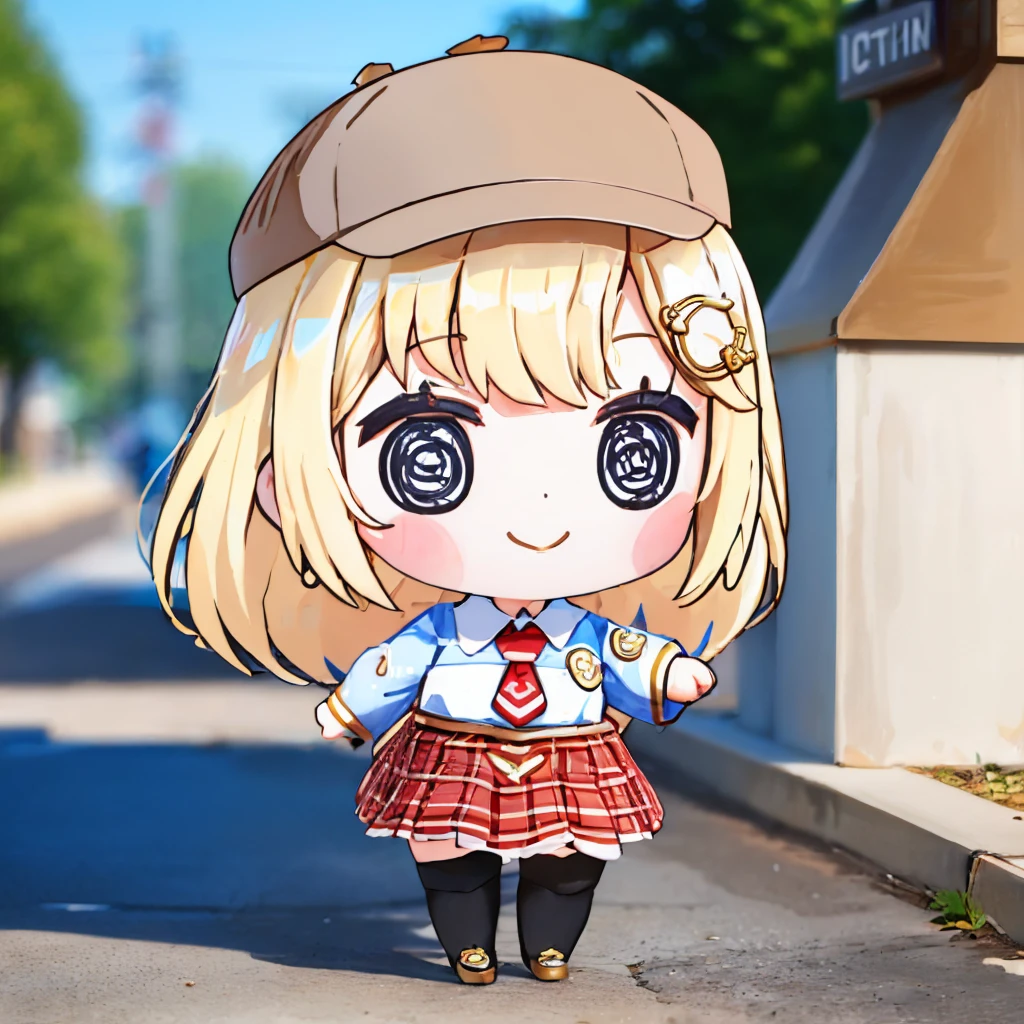 (masterpiece, best quality:1.2), chibi, solo, 1girl, amelia watson, smile, hat, monocle hair ornament, amelia_detective, collared shirt, red necktie, plaid skirt, thighhighs <lora:style_beegsmol-07:1> <lora:ame-10:0.9>