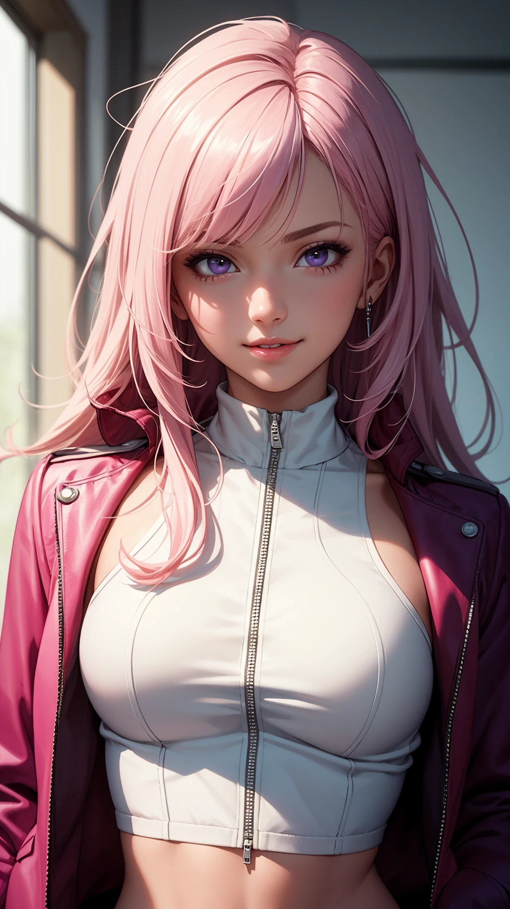 (masterpiece, best quality), intricate details, thin, ((slim)), beautiful girl, Light pink hair, white skin, light purple eyes, sharp jawline, cropped jacket, messy hair, lips, upper body, smirk