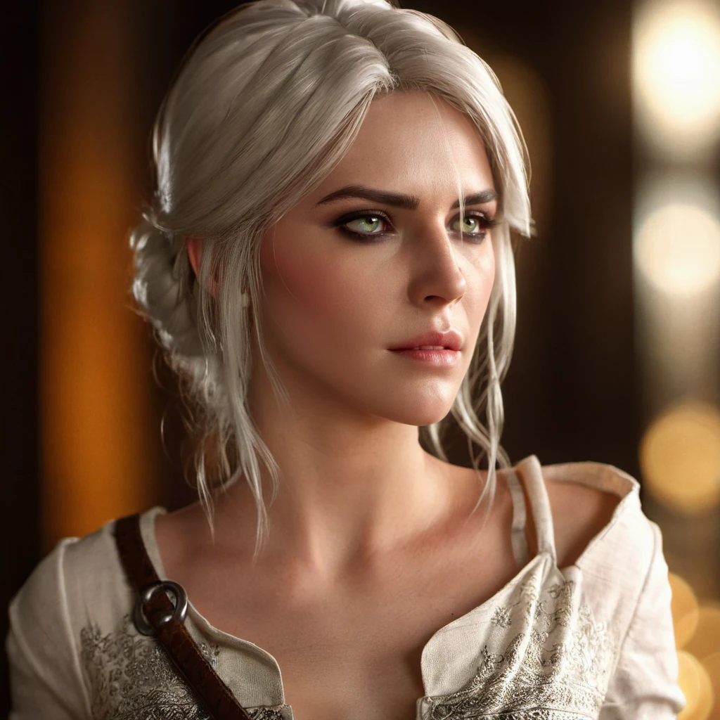 glamorous beautiful photo of ciri_w3 wearing a tight v-neck, long hair, cinematic lighting, bokeh, , close-up <lora:ciri_prodigy_21:0.85>