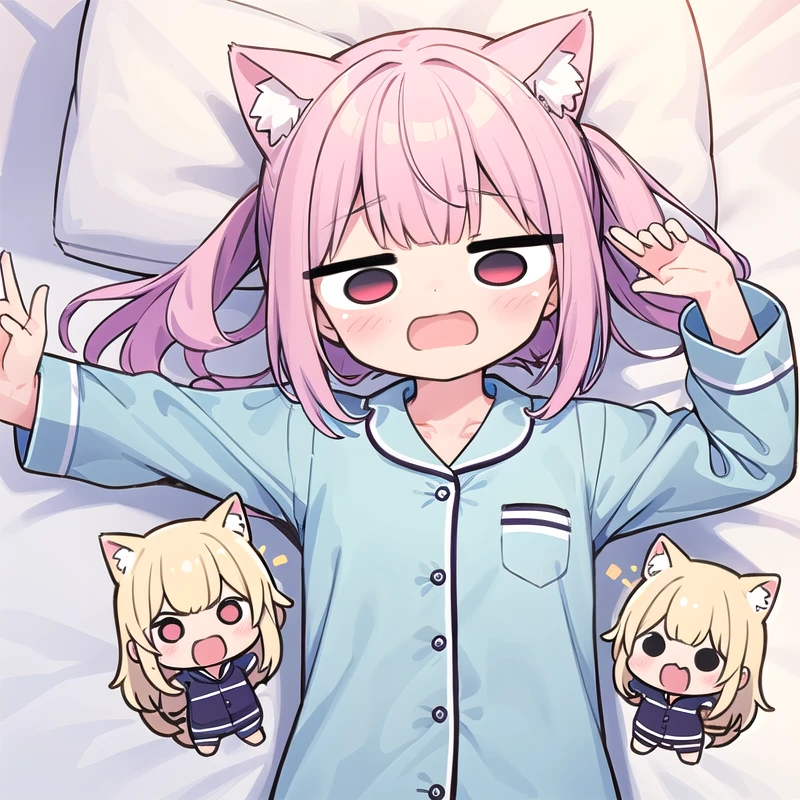 <lora:hotarueye_jitome1_v100:1>
1girl, (chibi:1.4),
BREAK,
(wearing pink pajama:1.3),
smile, open mouth, wavy mouth, red eyes,
(lying on a bed, on back:1.3), from above, cowboy shot,
BREAK,
cat ear,
<lora:wavymouth_type1_v100:0.5>
<lora:flat2:-0.3>