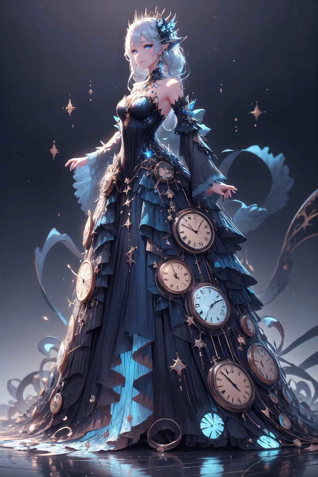 <lora:wrenchclockworkcharm:1>, wrenchclockworkcharm, long hair, gown, solo, light smile, simple background, (blue dress:1.2), layered dress, white hair, blue eyes, pointy ears, hair ornament, <lora:wrenchfaeflare:1>, wrenchfaeflare, glowing, embroidery, accessories, jewelry, reflection, refraction, pinstripe pattern, night sky, starry sky, star \(sky\),