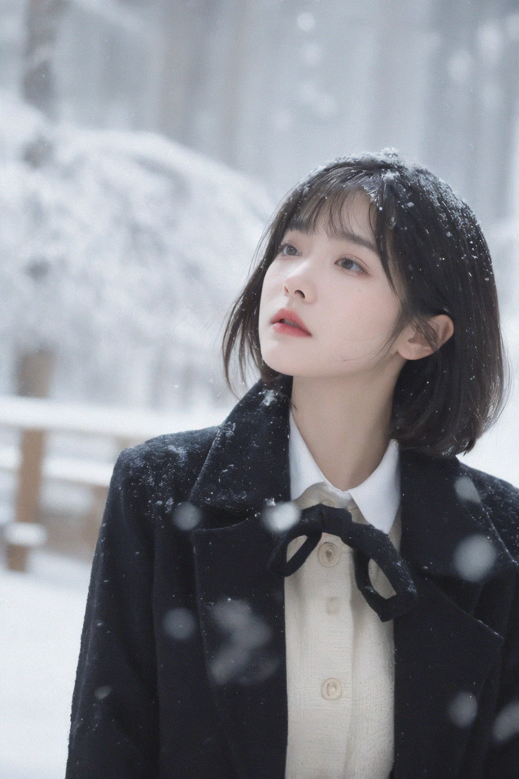 a girl with short hair in a black coat was standing in the snow,look up,the breeze stirred the hair,heavy snow,snowing,<lora:MengX girl_Mix_V40:0.9>,depth of field,telephoto lens,messy hair,((close-up)),((sad)),sad and melancholy atmosphere,reference movie love letter,profile,looking up,(face focus),((floating hair)),bangs,eyes focus,half closed-eyes,central composition,from below,