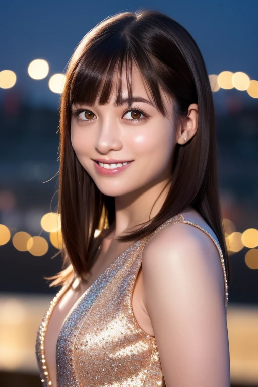 One girl,(Wearing a sparkly blue evening dress:1.2),(RAW Photos, Highest quality), (Realistic, photo-Realistic:1.4), masterpiece, Very delicate and beautiful, Very detailed, 2k wallpaper, wonderful, In detail, Very detailed CG unity 8k wallpaper, Very detailed, High resolution, Soft Light, Beautiful detailed girl, Very detailed eyes and face, Beautifully detailed nose, Beautiful attention to detail,Cinema Lighting,City lights at night,Perfect Anatomy,Slender body,A light smile,close,(Long hair with bangs), Large Breasts