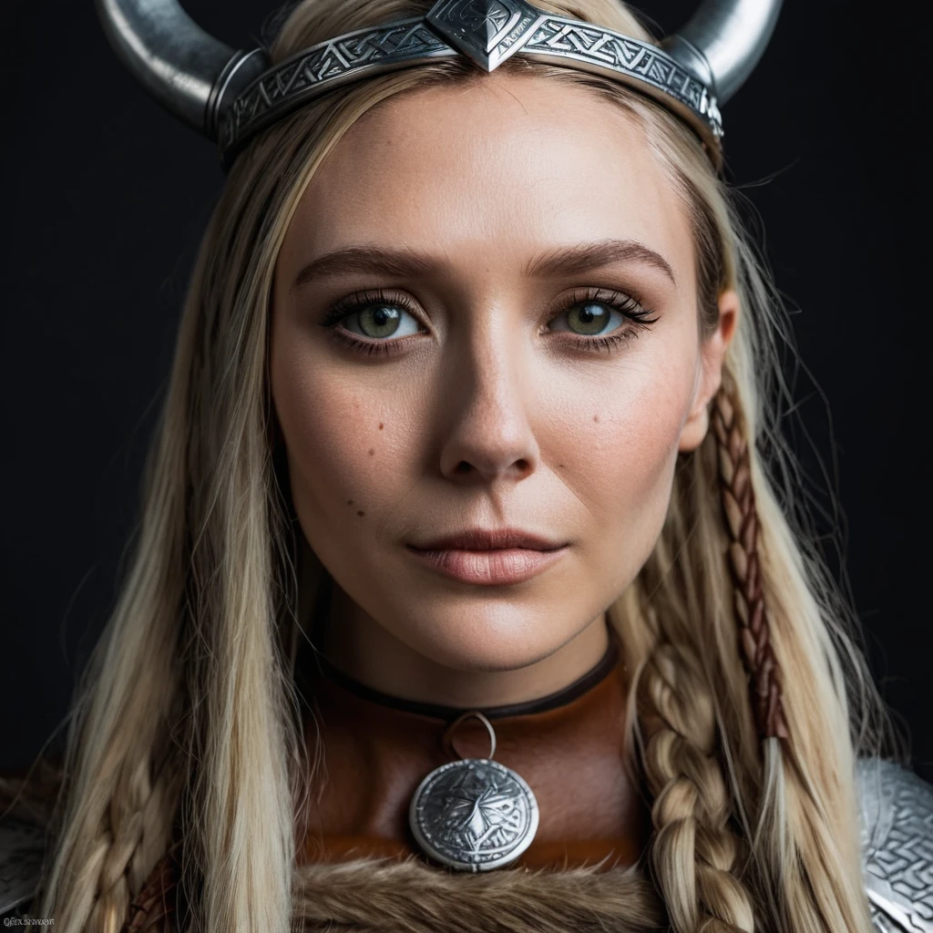 Portrait photo of a viking princess, Nikon Z9, realistic matte skin, skin texture visible, (sharp focus), (high quality), ((frontal portrait)), symmetric