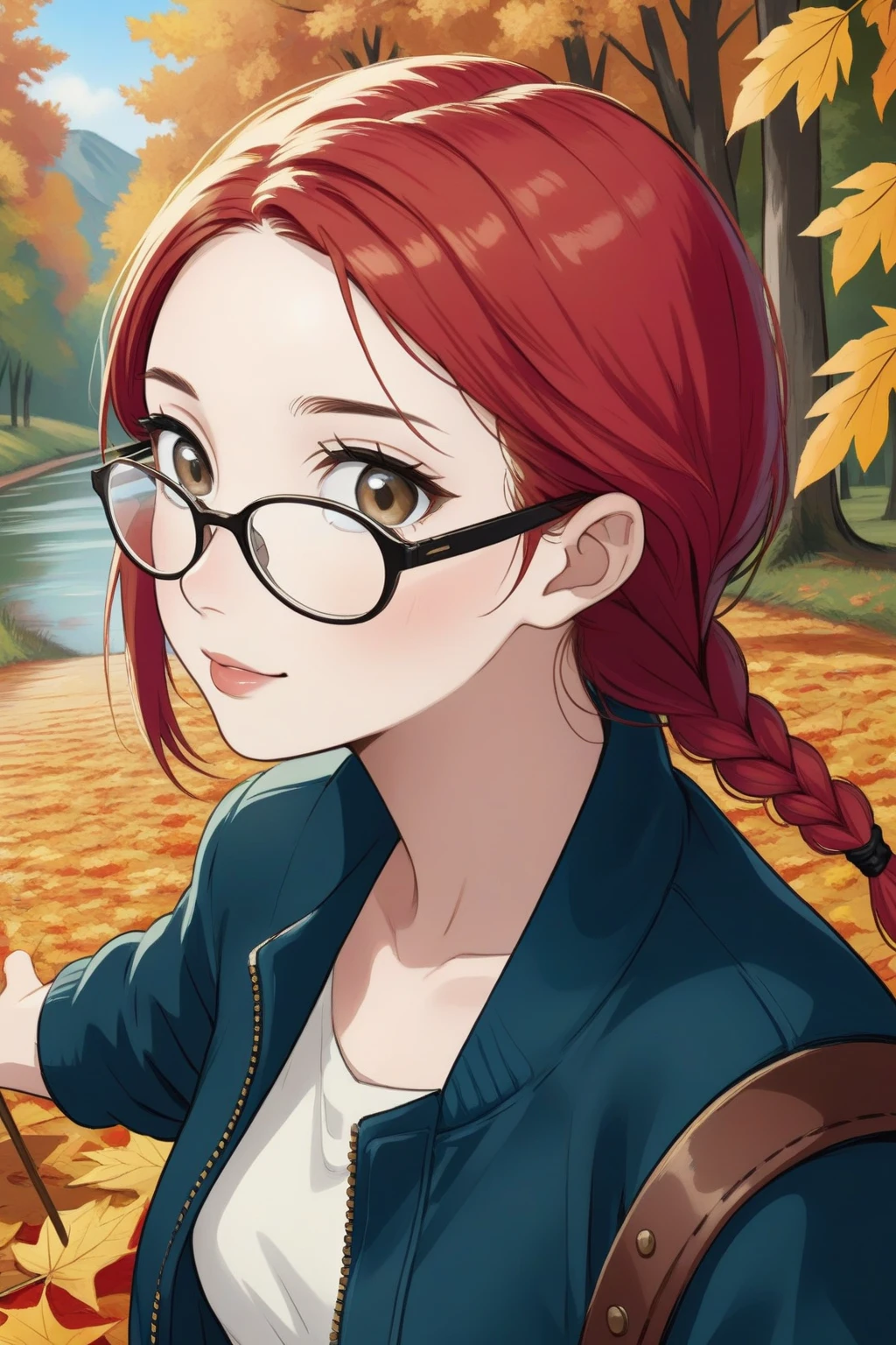1girl, solo, light red hair, eyewear, jacket, close up, cute, french braid, autumn background, masterpiece, best quality,