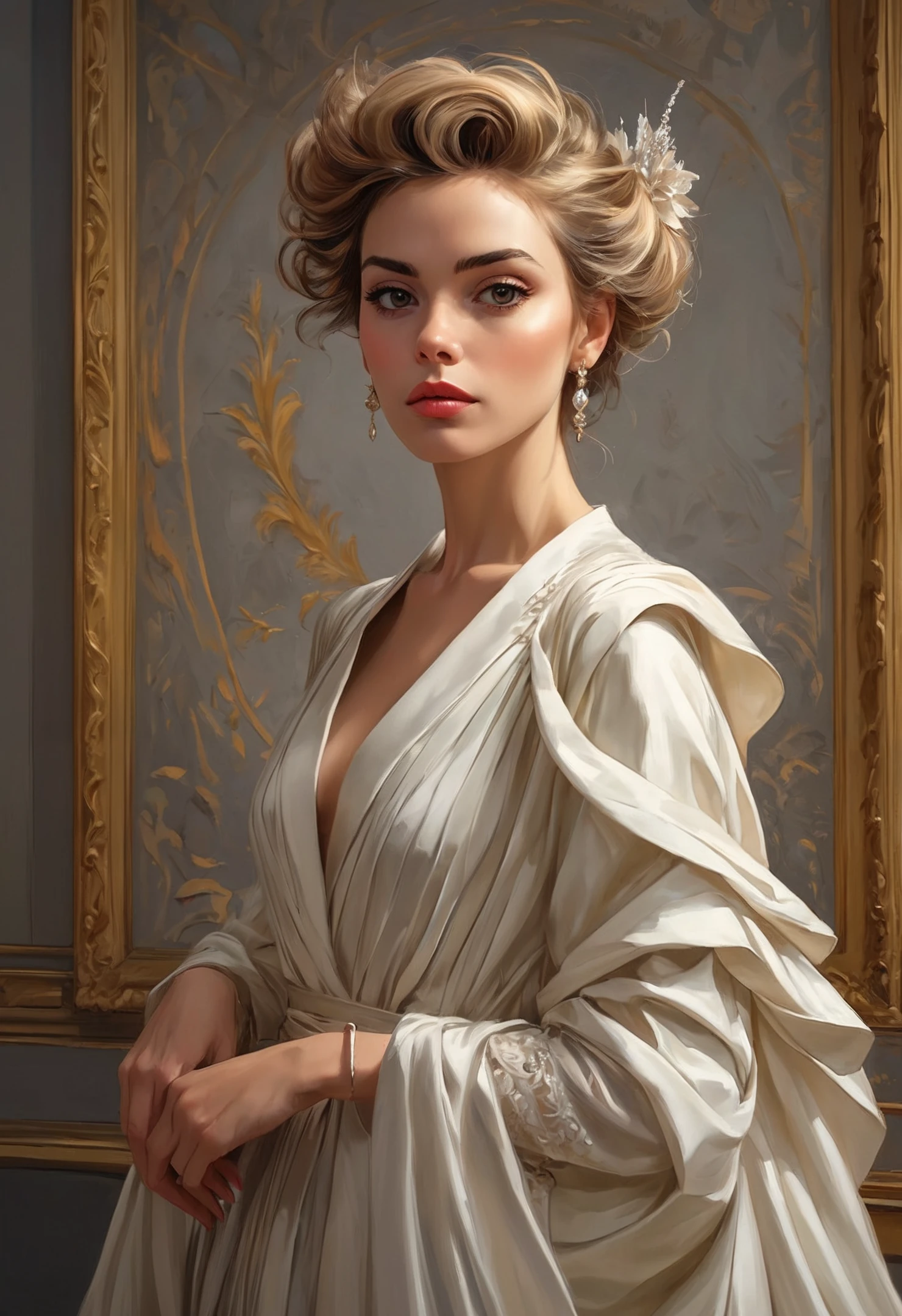 A beautiful woman, the mme loisel of haute couture, 8k, hdr, masterpiece, insanely detailed, minimalist composition, speed paint art by (Greg Rutkowski), classical art, rough brushwork, fast flowing 