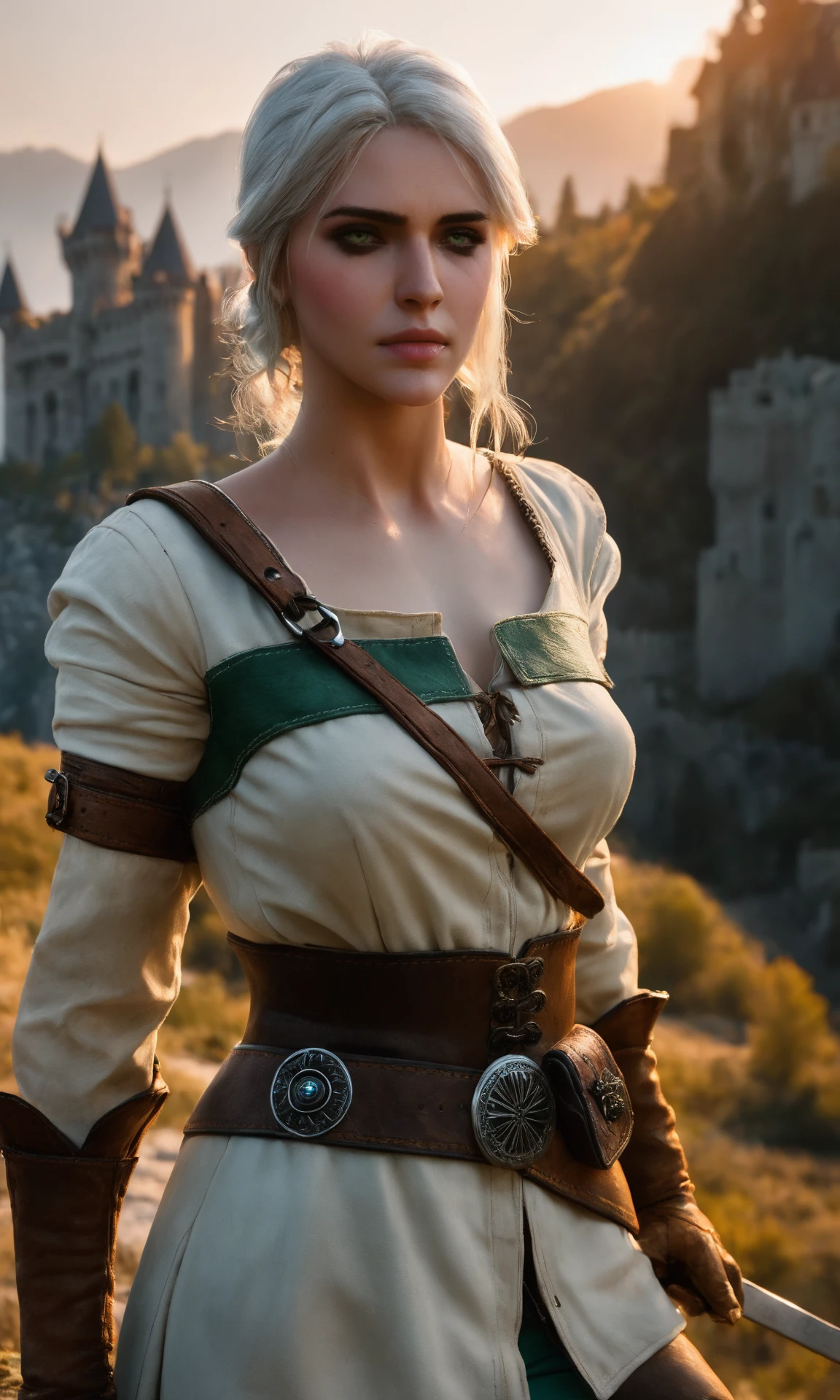 (masterpiece), (extremely intricate:1.3), (realistic), photo of ciri_w3, ciri_w3_outfit, 4k, highly detailed, the most beautiful in the world, (green eyes:0.6), full body, outdoors, far away castle, professional photograph of a stunning woman detailed, sharp focus, dramatic, award winning, cinematic lighting, volumetrics dtx, (film grain, blurry background, blurry foreground, bokeh, depth of field, sunset, motion blur:1.3), medium shot, 4k, 8k, hd, hdr, <lora:greg_rutkowski_xl_2:0.5>, <lora:ciri_prodigy_21:0.85>