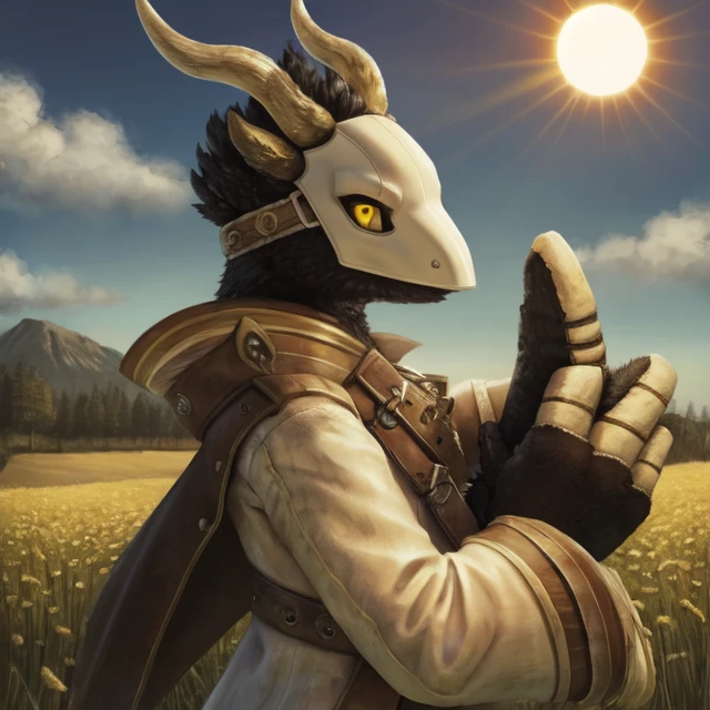 outside, field, detailed background, amazing background, day, sun, three-quarter view, high quality,
nanigashi, 3 fingers, big hands, white coat, black feathers, mask, 2 horns, yellow eyes,
standing, looking away, <lora:NanigashiFR:1>