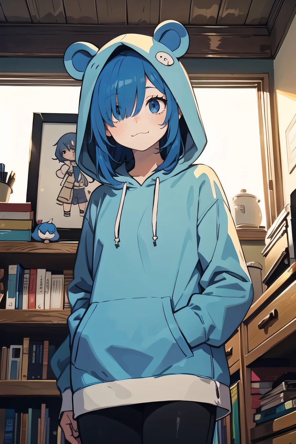 close up, from below, looking at viewer,   (1female), :3, blue hair, very long hair, hair over eyes,     blue colored hair ribbon,   (dark hamster hoodie),  garbages, messy room, dirty, indoors,  (best quality, masterpiece, scenery:1.1),