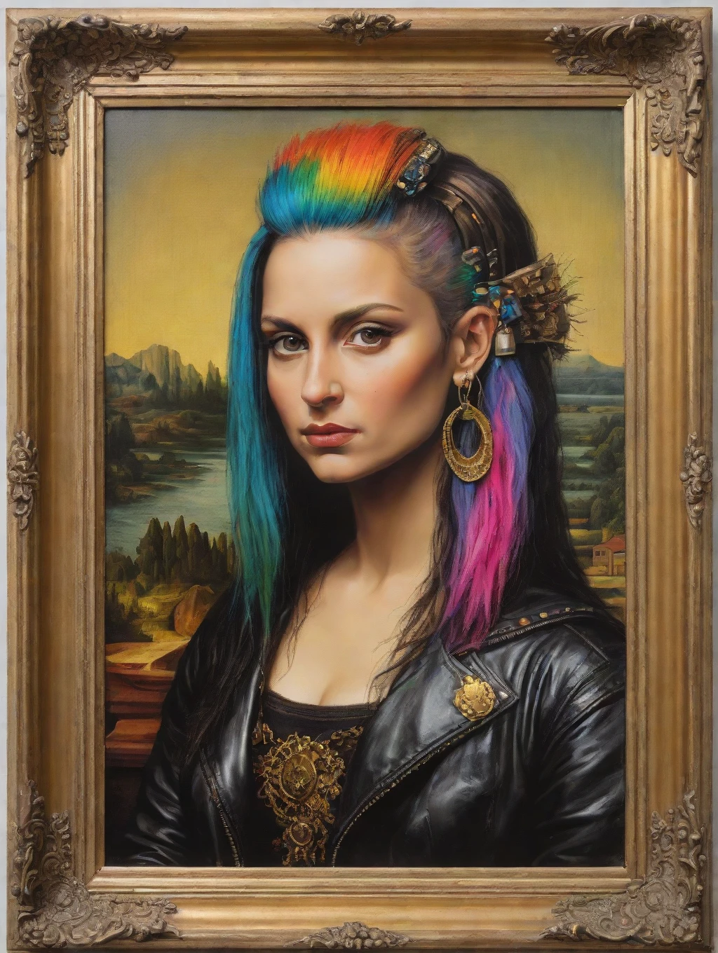 A vibrant punk rock interpretation of the classic Mona Lisa, painted by Da Vinci. The multicolored mohawk hairstyle adds an edgy twist, complemented by earrings and a fierce snarl. She exudes rebellion in her leather motorcycle jacket adorned with rockbound patches. The artwork is beautifully framed in an ornate gold frame.