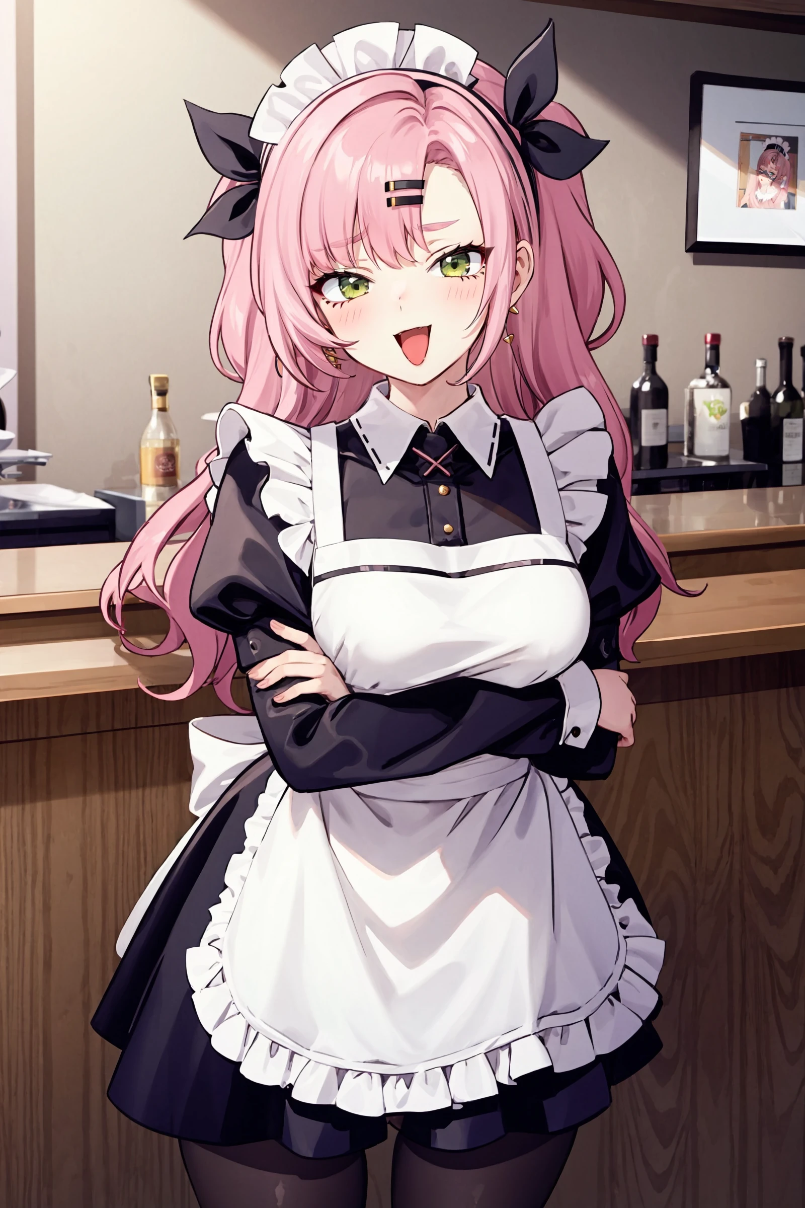 1girl, nicole demara, hair ribbon, hairclip, solo, maid, maid headdress, maid apron, smile, embarrassed, pantyhose, open mouth, smug, cowboy shot, bar \(place\), indoors, depth of field, smug, open mouth, looking at viewer, <lora:face-Smug:0.9>, masterpiece