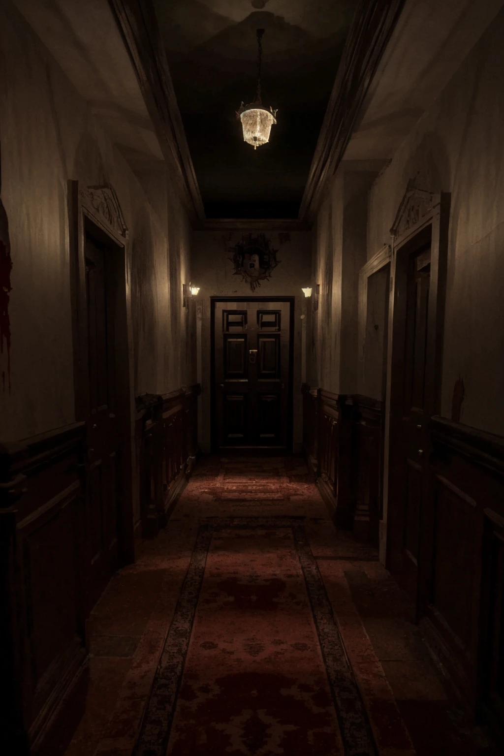 photo of spooky mansion, extreme detail , hallway corner, red carpet, doors, indoors, blood, scenery, horror theme, (dutch angle:1.3), film grain, ray tracing, best quality, masterpiece, UHD, 8k <lora:resevil:0.6>
